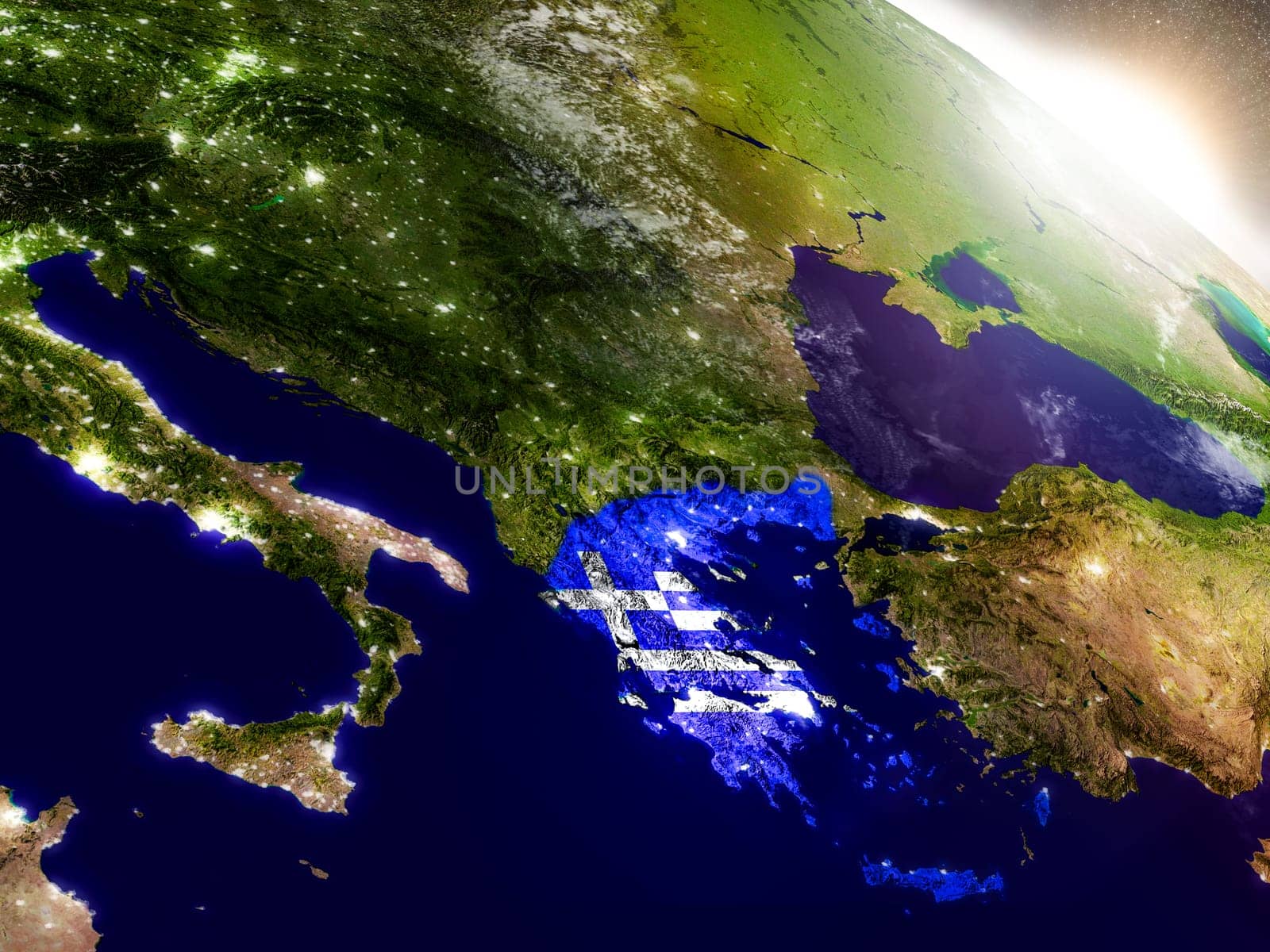 Greece with embedded flag on planet surface during sunrise. 3D illustration with highly detailed realistic planet surface and visible city lights. Elements of this image furnished by NASA.
