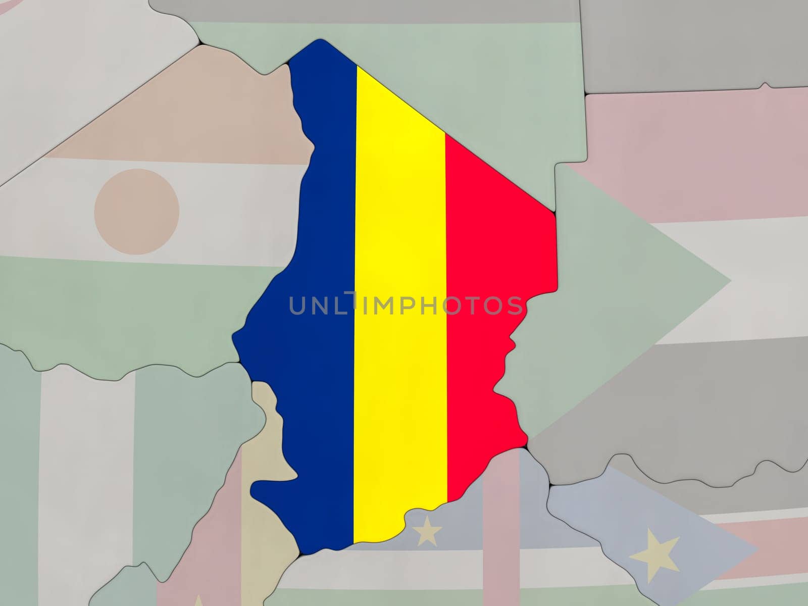 Map of Chad with national flag on political globe with realistic water. 3D illustration