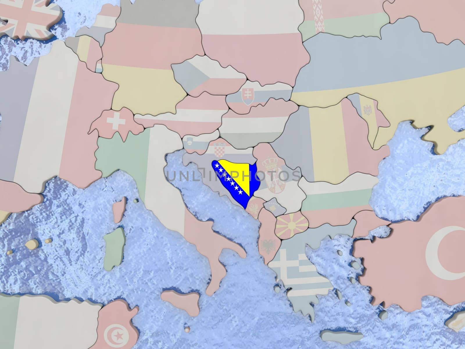 Map of Bosnia with national flag on political globe with realistic water. 3D illustration