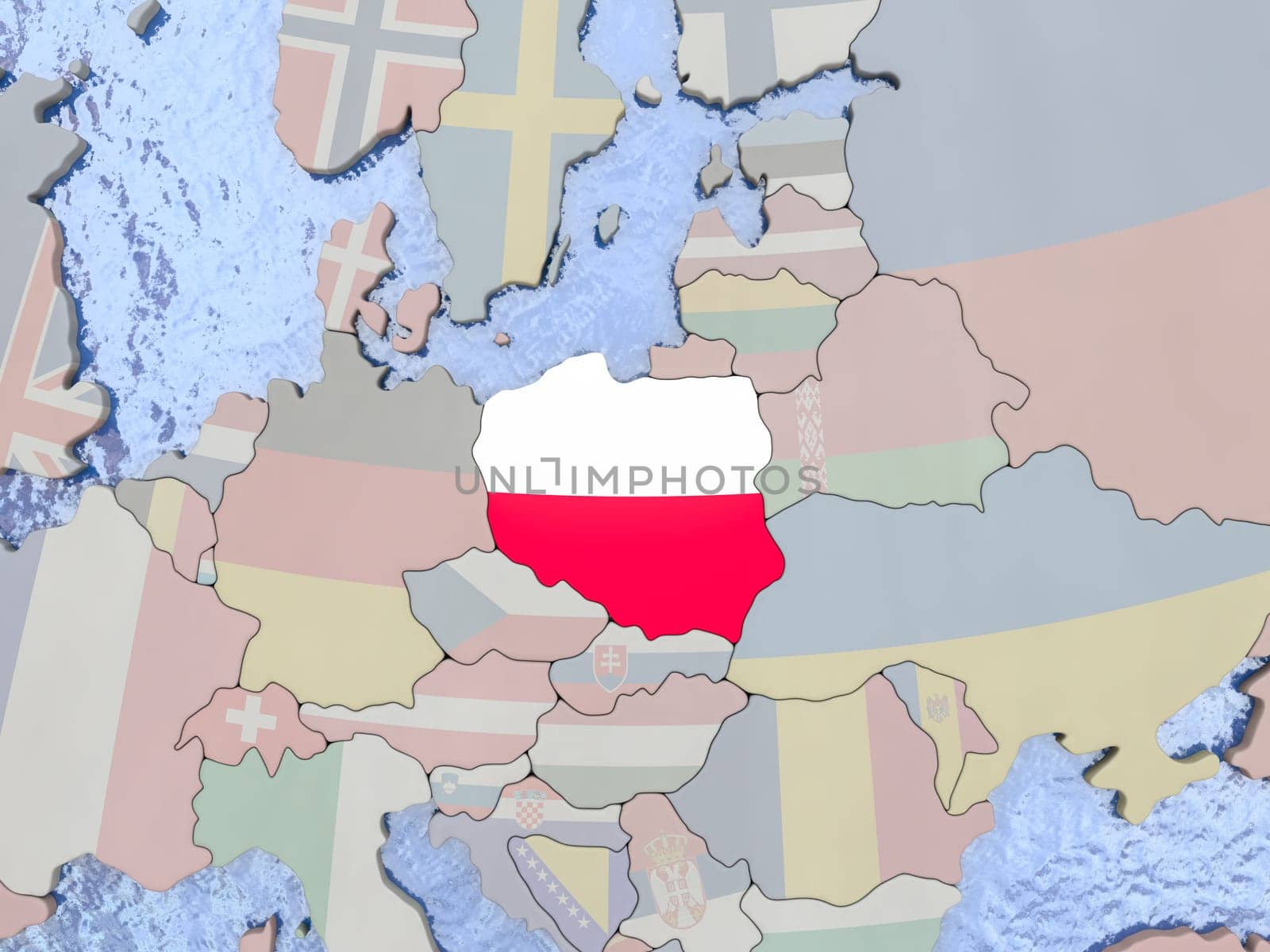 Map of Poland with national flag on political globe with realistic water. 3D illustration