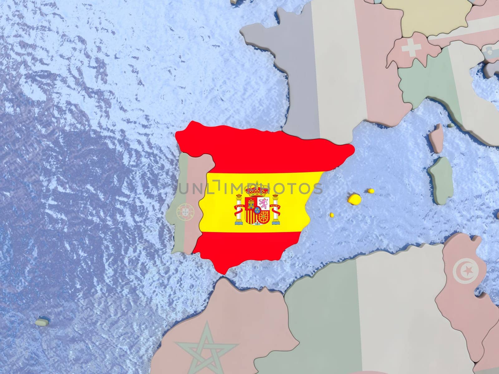 Map of Spain with national flag on political globe with realistic water. 3D illustration