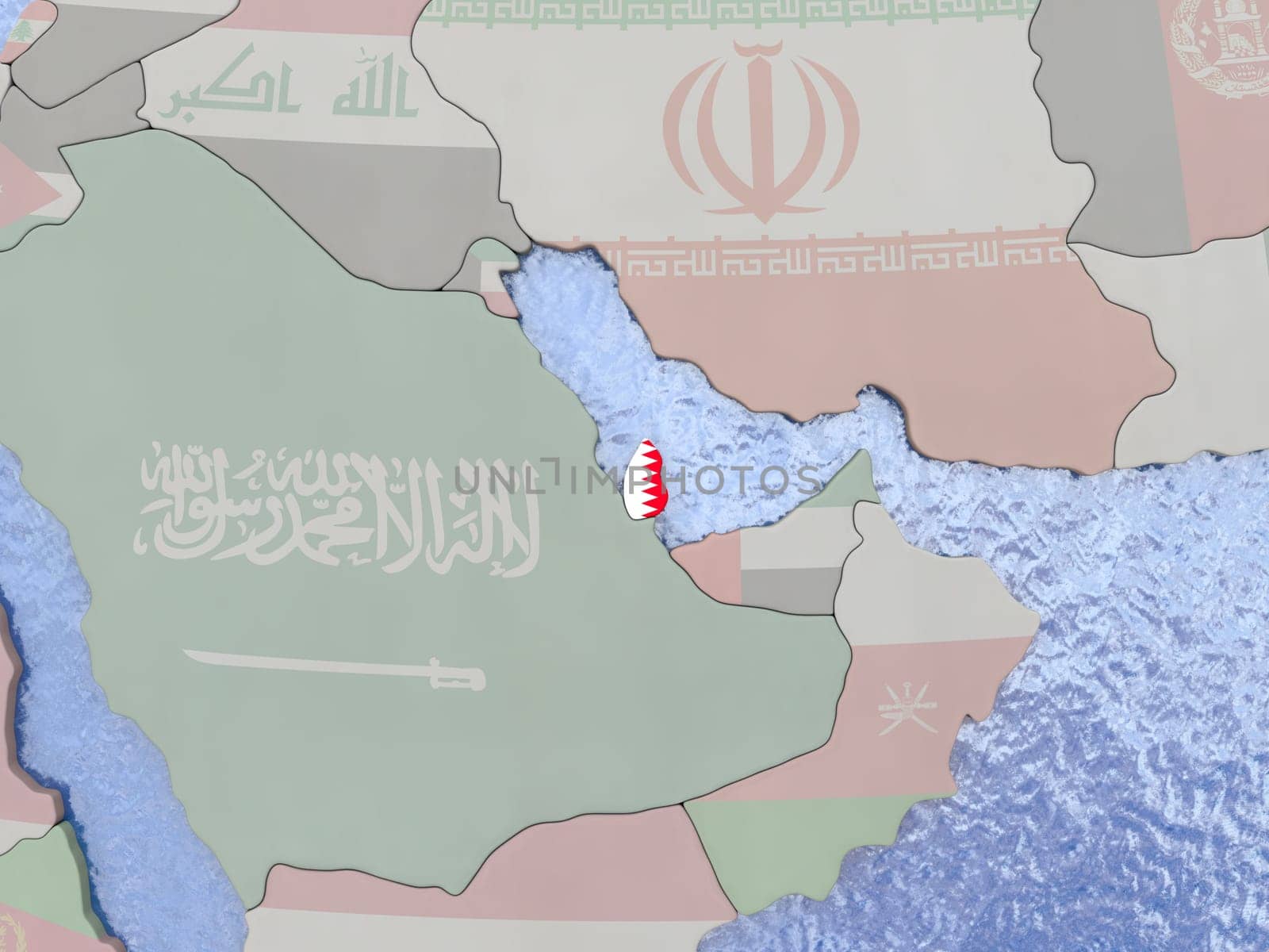 Map of Qatar with national flag on political globe with realistic water. 3D illustration