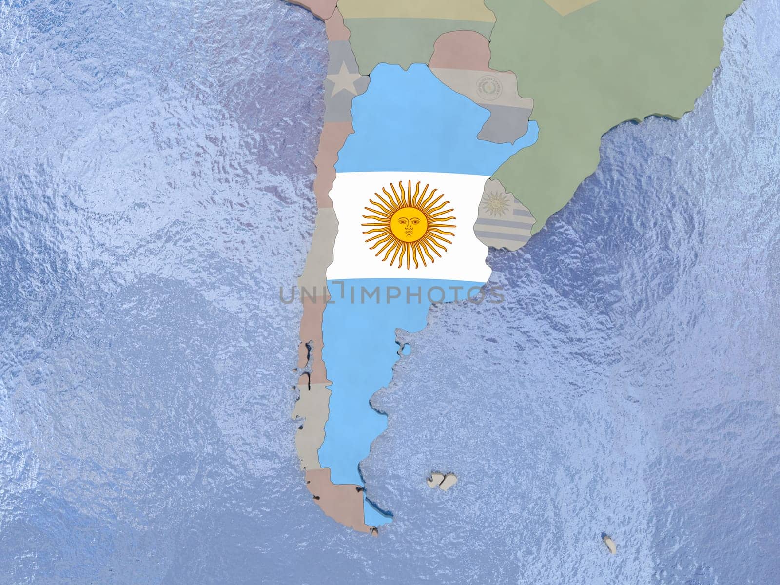 Map of Argentina with national flag on political globe with realistic water. 3D illustration