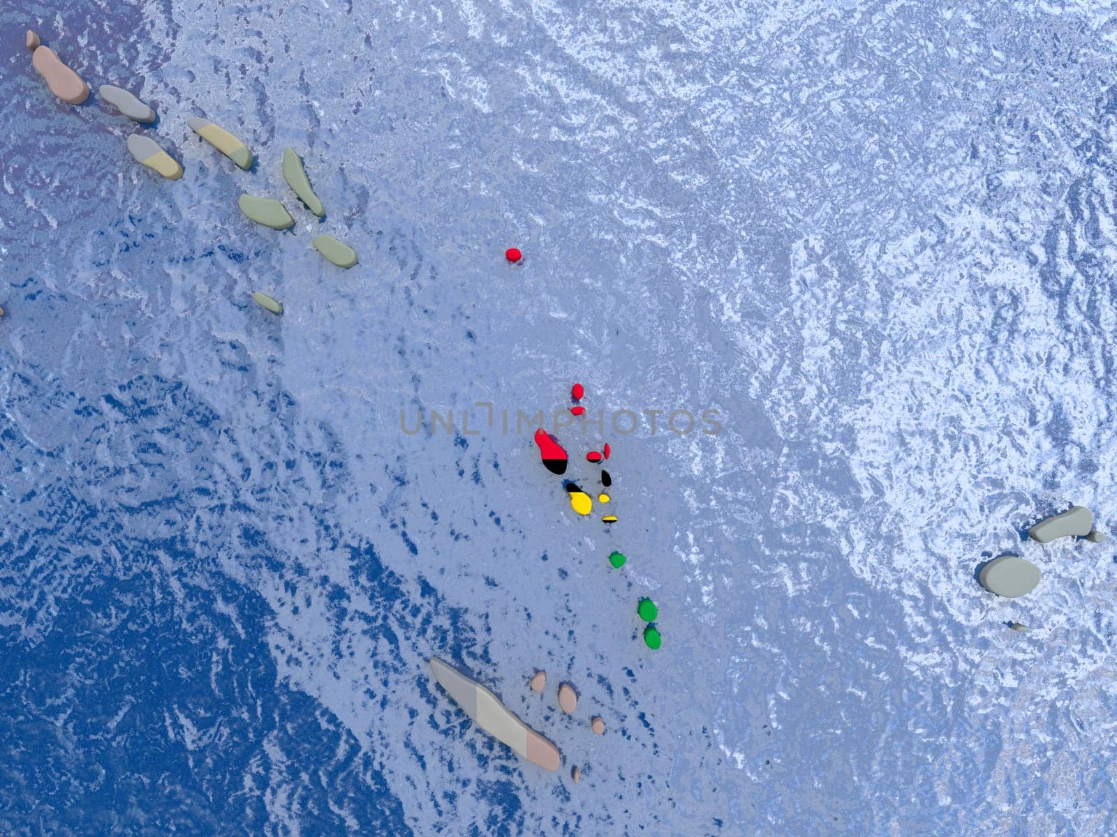 Map of Vanuatu with national flag on political globe with realistic water. 3D illustration