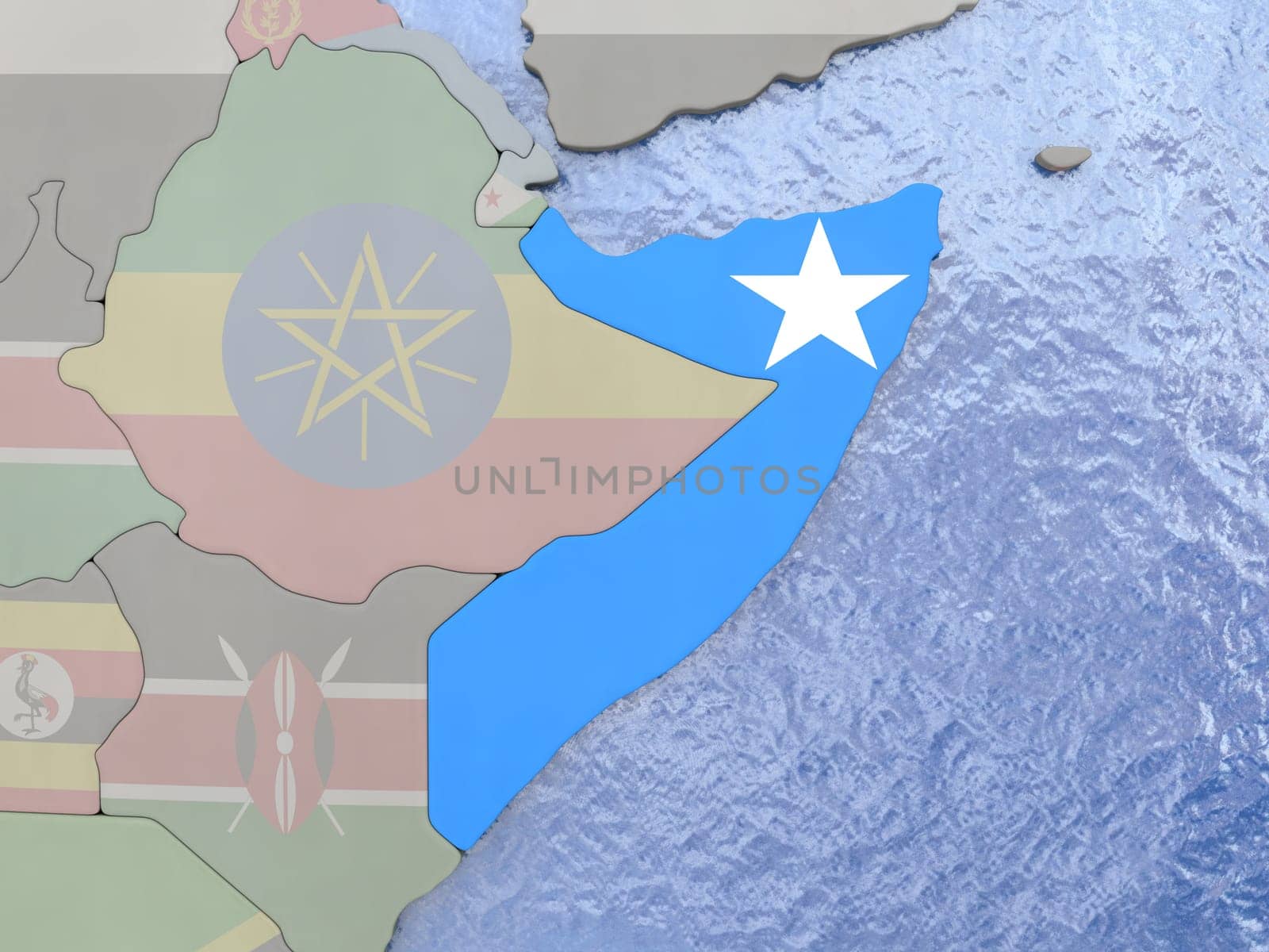 Map of Somalia with national flag on political globe with realistic water. 3D illustration