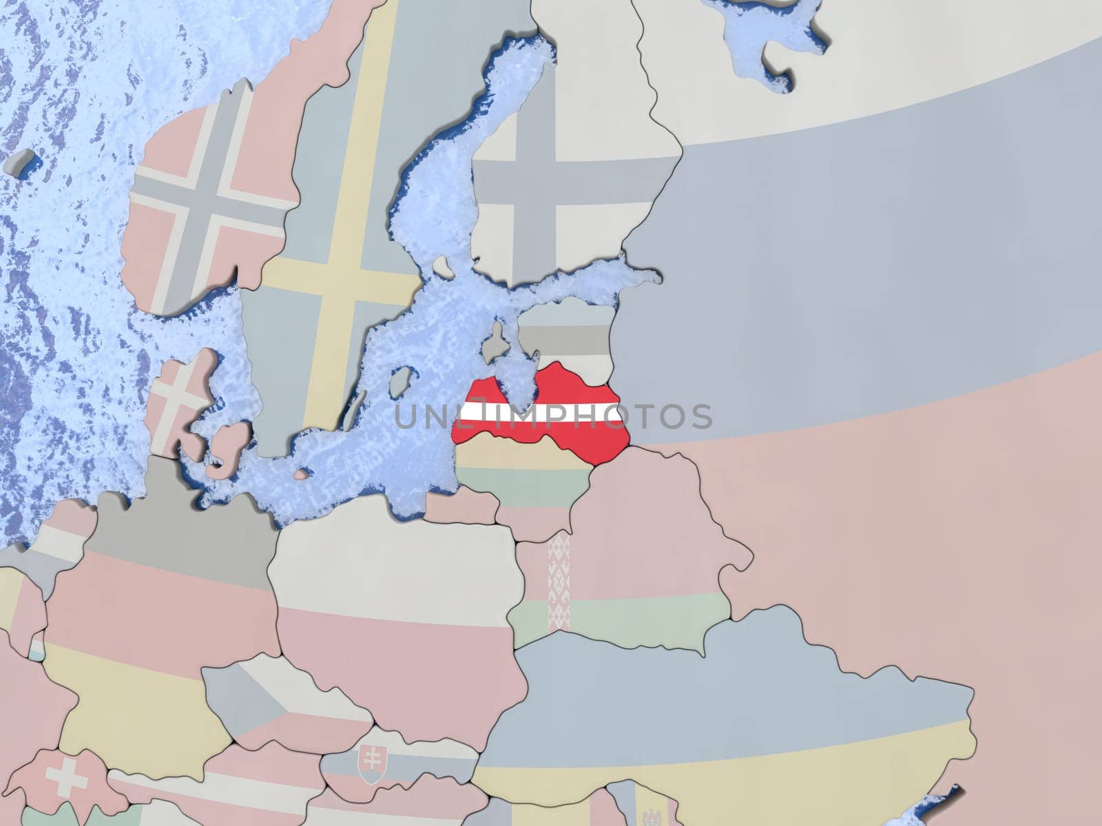 Map of Latvia with national flag on political globe with realistic water. 3D illustration