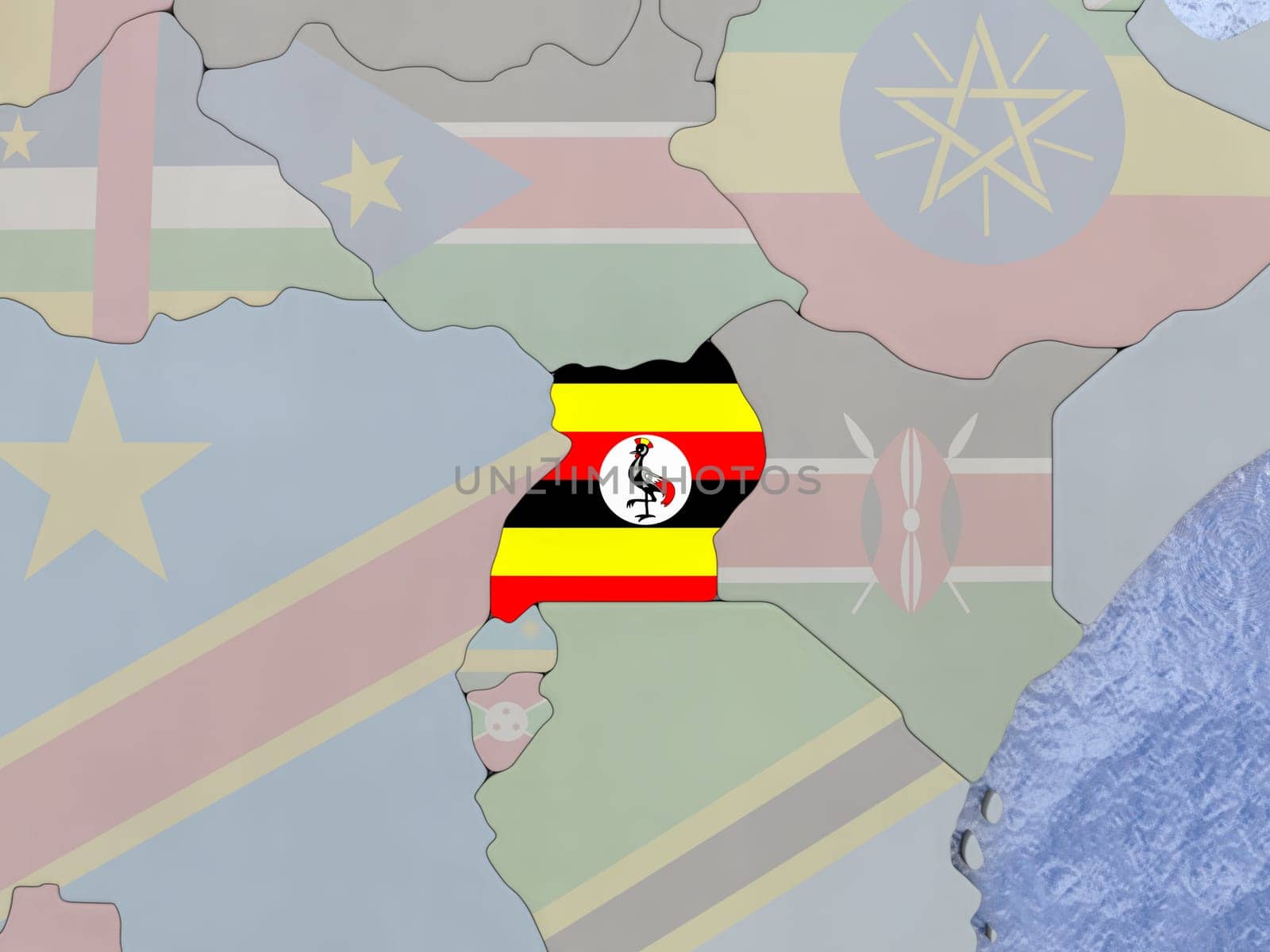 Map of Uganda with national flag on political globe with realistic water. 3D illustration