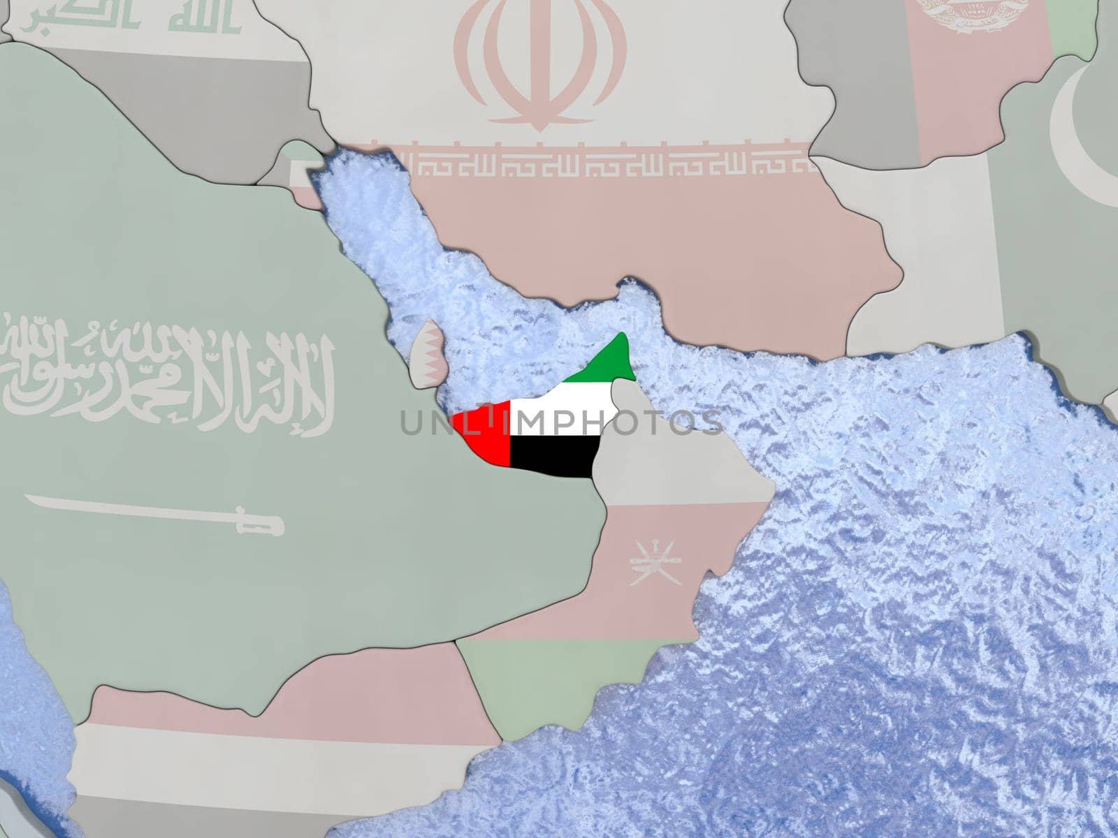 Map of United Arab Emirates with national flag on political globe with realistic water. 3D illustration