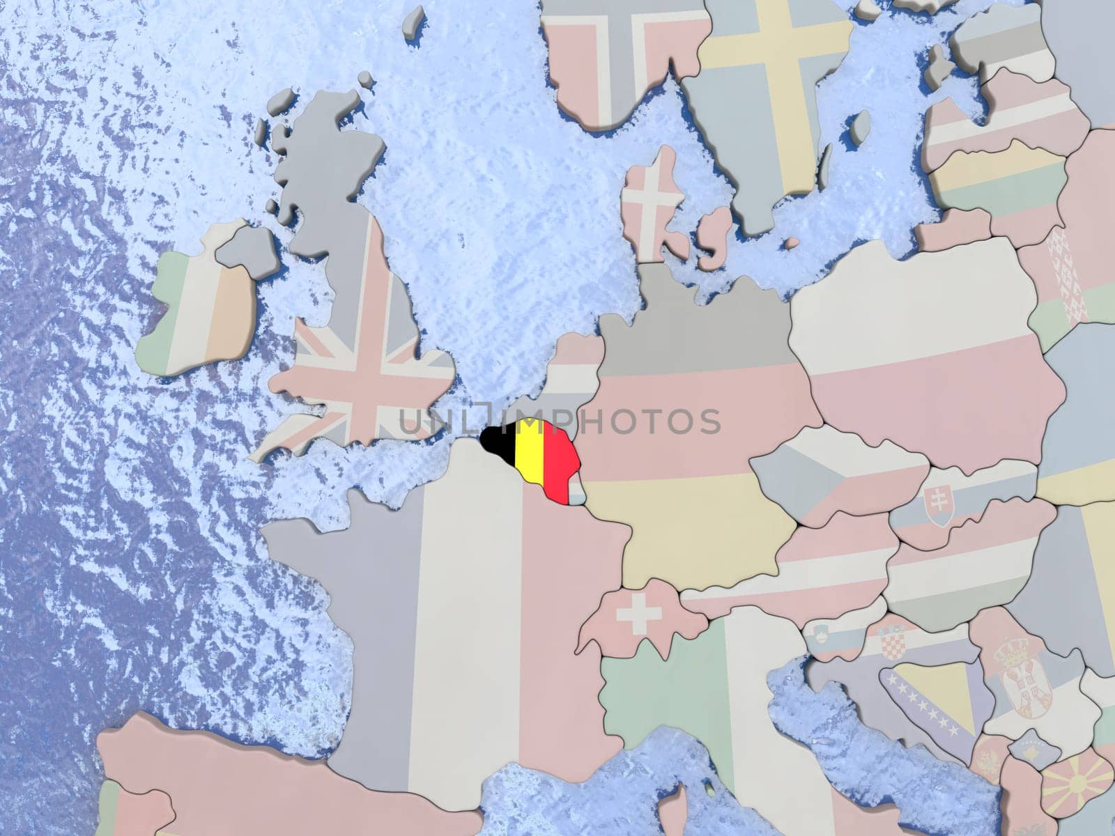Map of Belgium with national flag on political globe with realistic water. 3D illustration