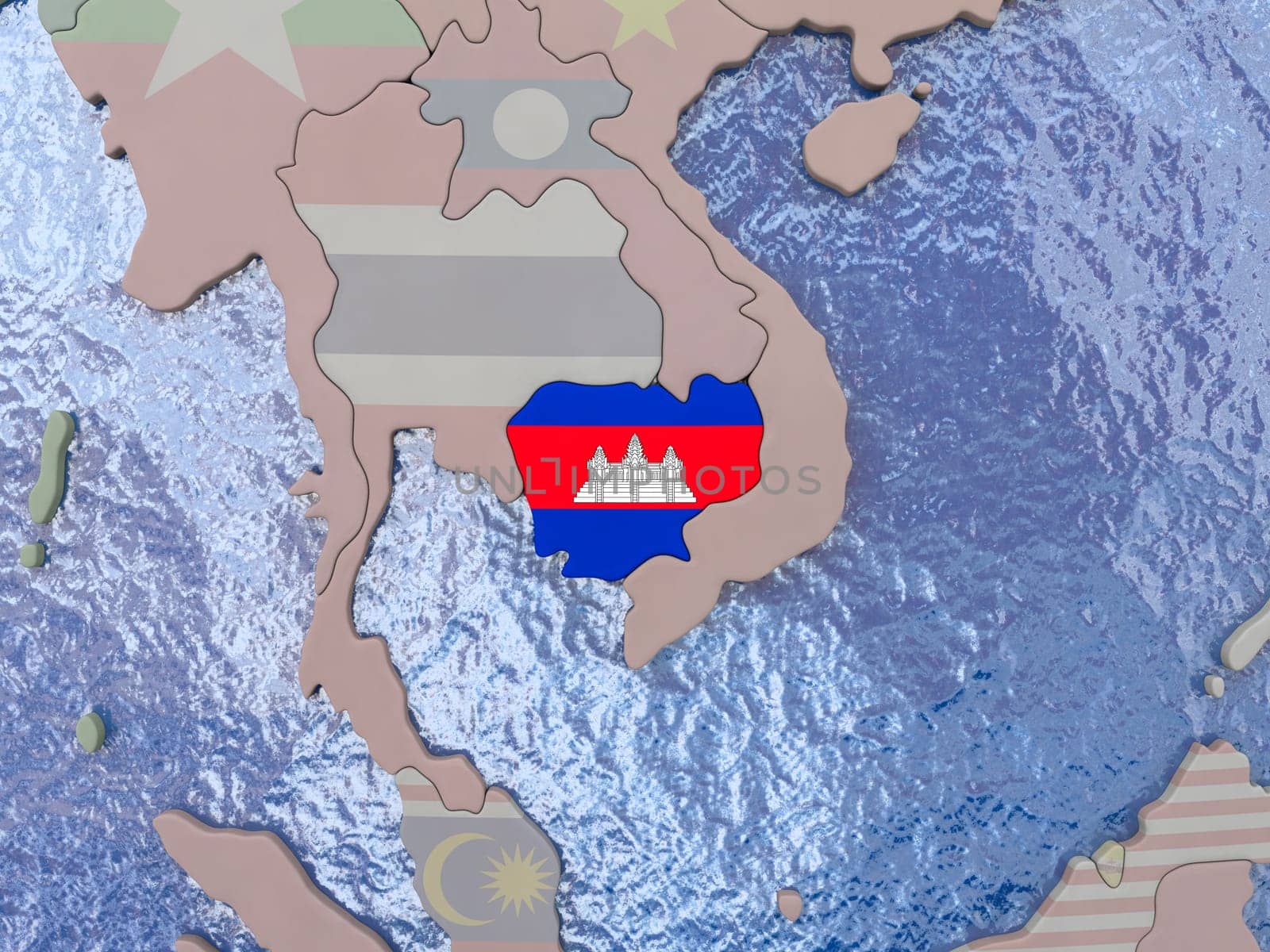 Map of Cambodia with national flag on political globe with realistic water. 3D illustration