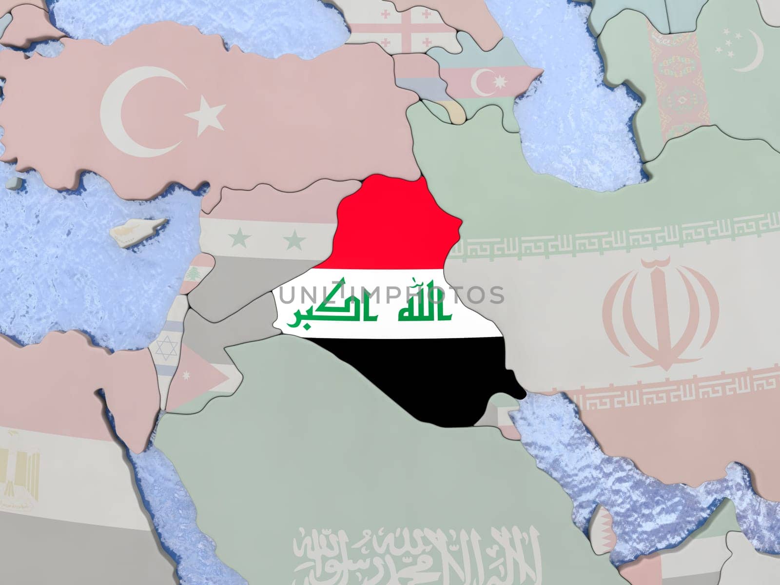 Map of Iraq with national flag on political globe with realistic water. 3D illustration
