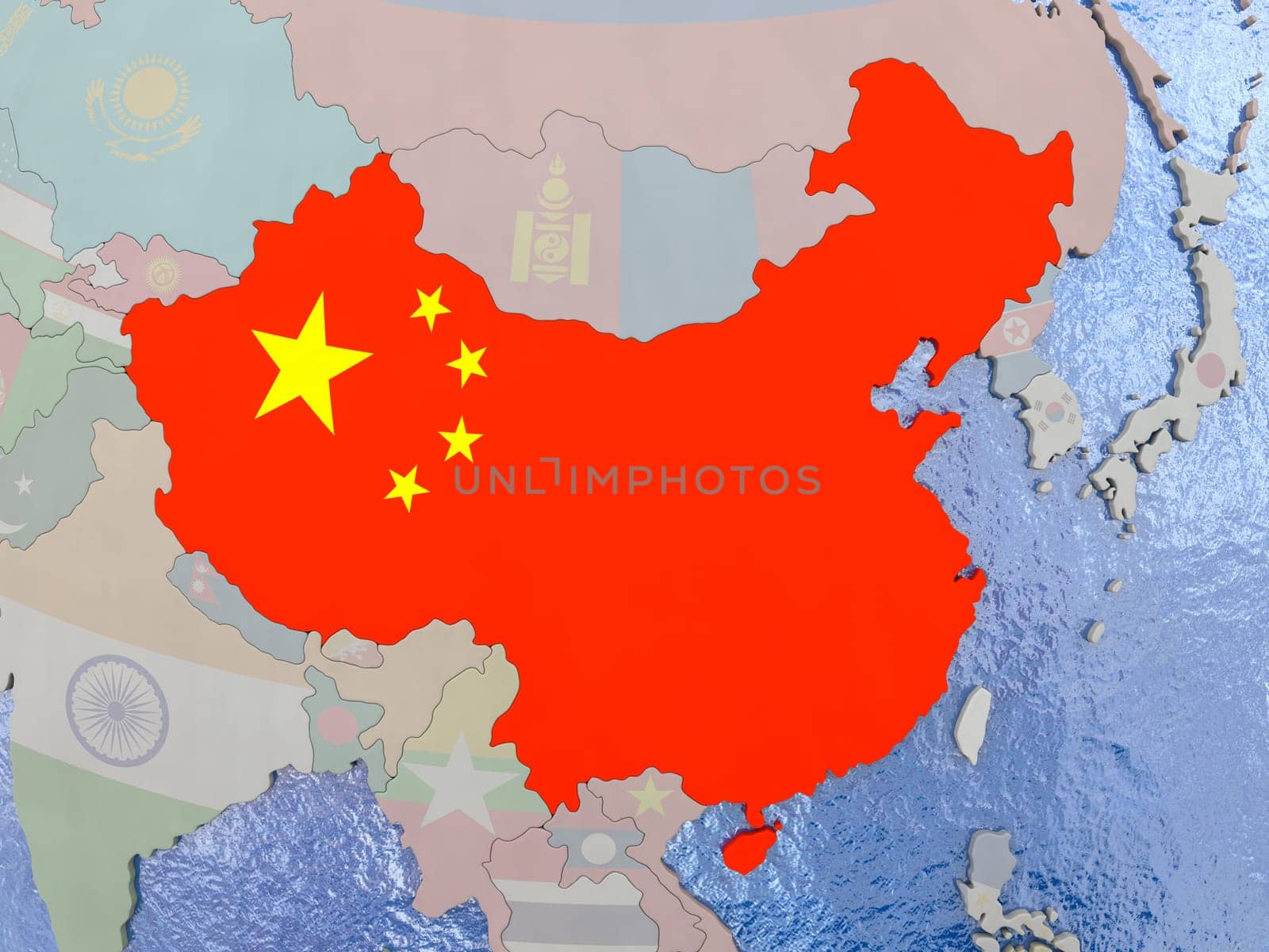 Map of China with national flag on political globe with realistic water. 3D illustration