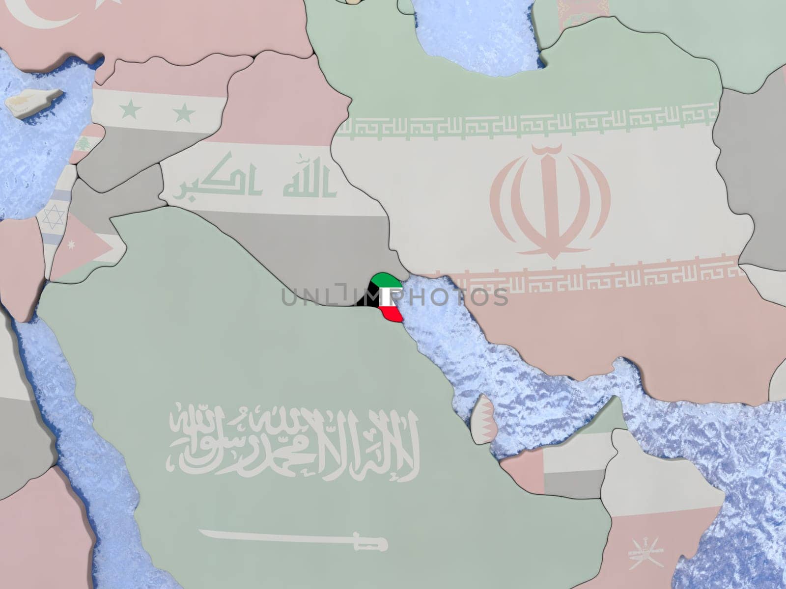 Map of Kuwait with national flag on political globe with realistic water. 3D illustration