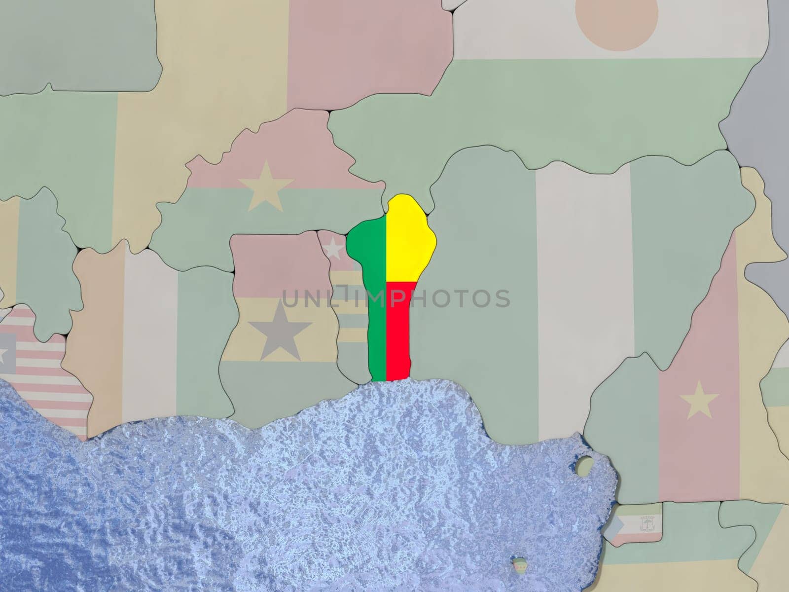 Map of Benin with national flag on political globe with realistic water. 3D illustration