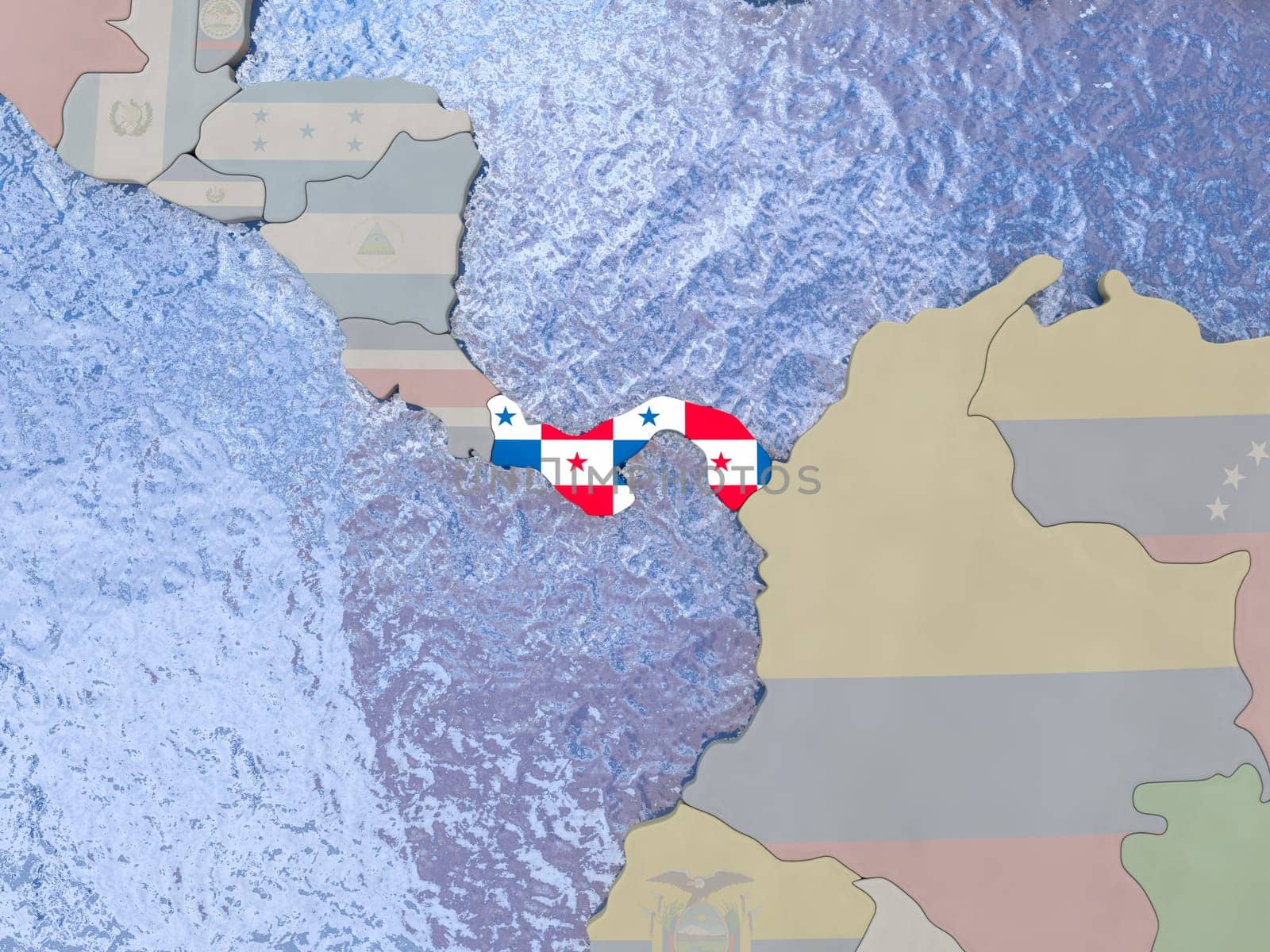 Map of Panama with national flag on political globe with realistic water. 3D illustration