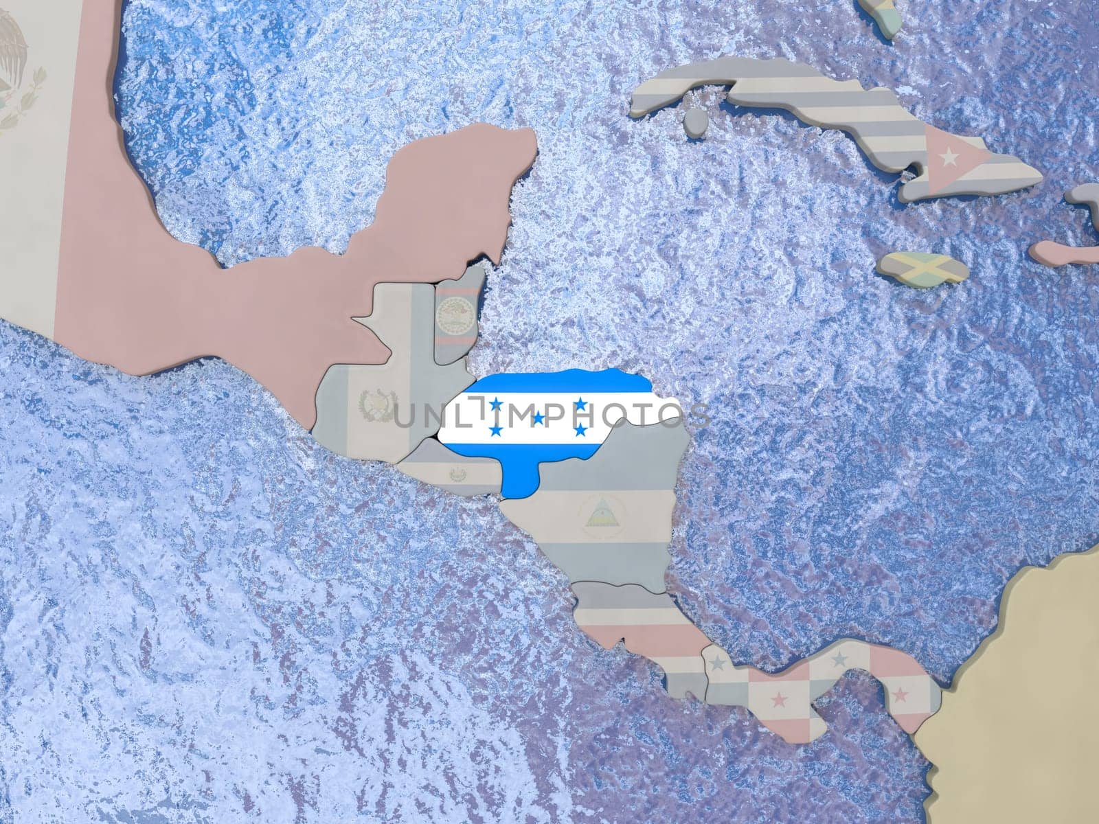 Map of Honduras with national flag on political globe with realistic water. 3D illustration