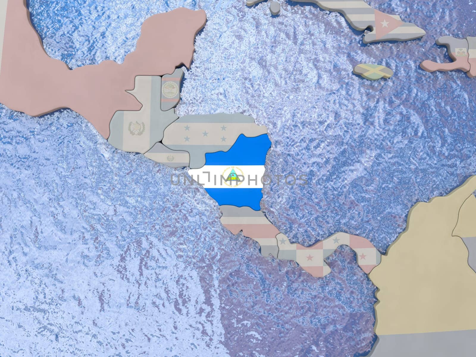 Map of Nicaragua with national flag on political globe with realistic water. 3D illustration