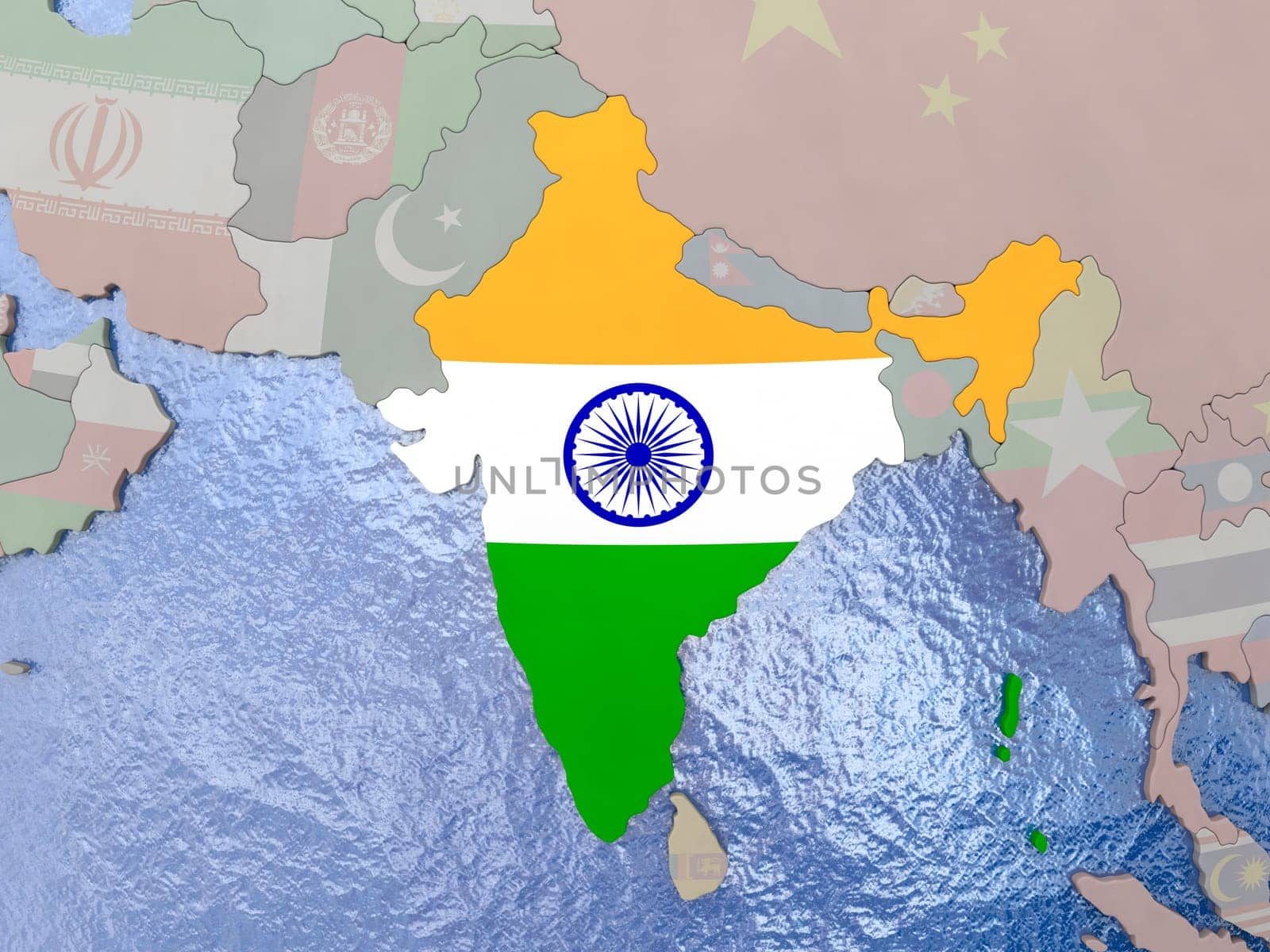 Map of India with national flag on political globe with realistic water. 3D illustration