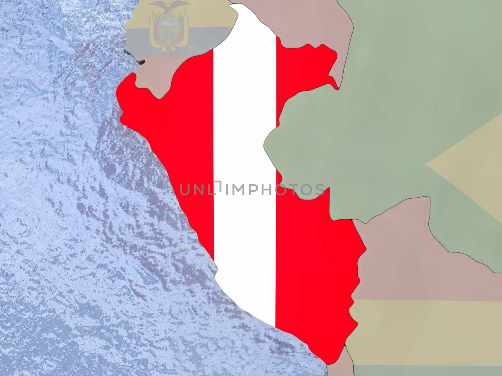 Map of Peru with national flag on political globe with realistic water. 3D illustration
