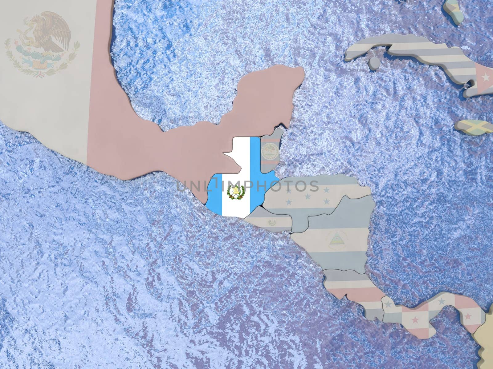 Map of Guatemala with national flag on political globe with realistic water. 3D illustration