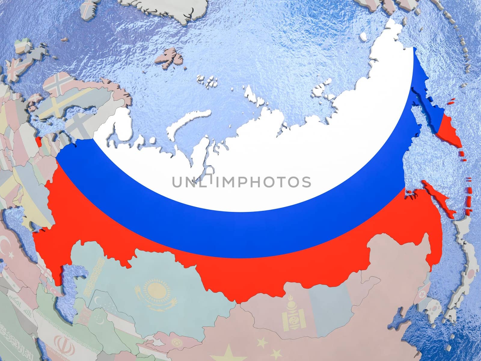 Map of Russia with national flag on political globe with realistic water. 3D illustration