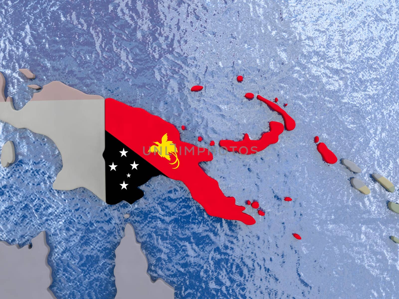 Map of Papua New Guinea with national flag on political globe with realistic water. 3D illustration