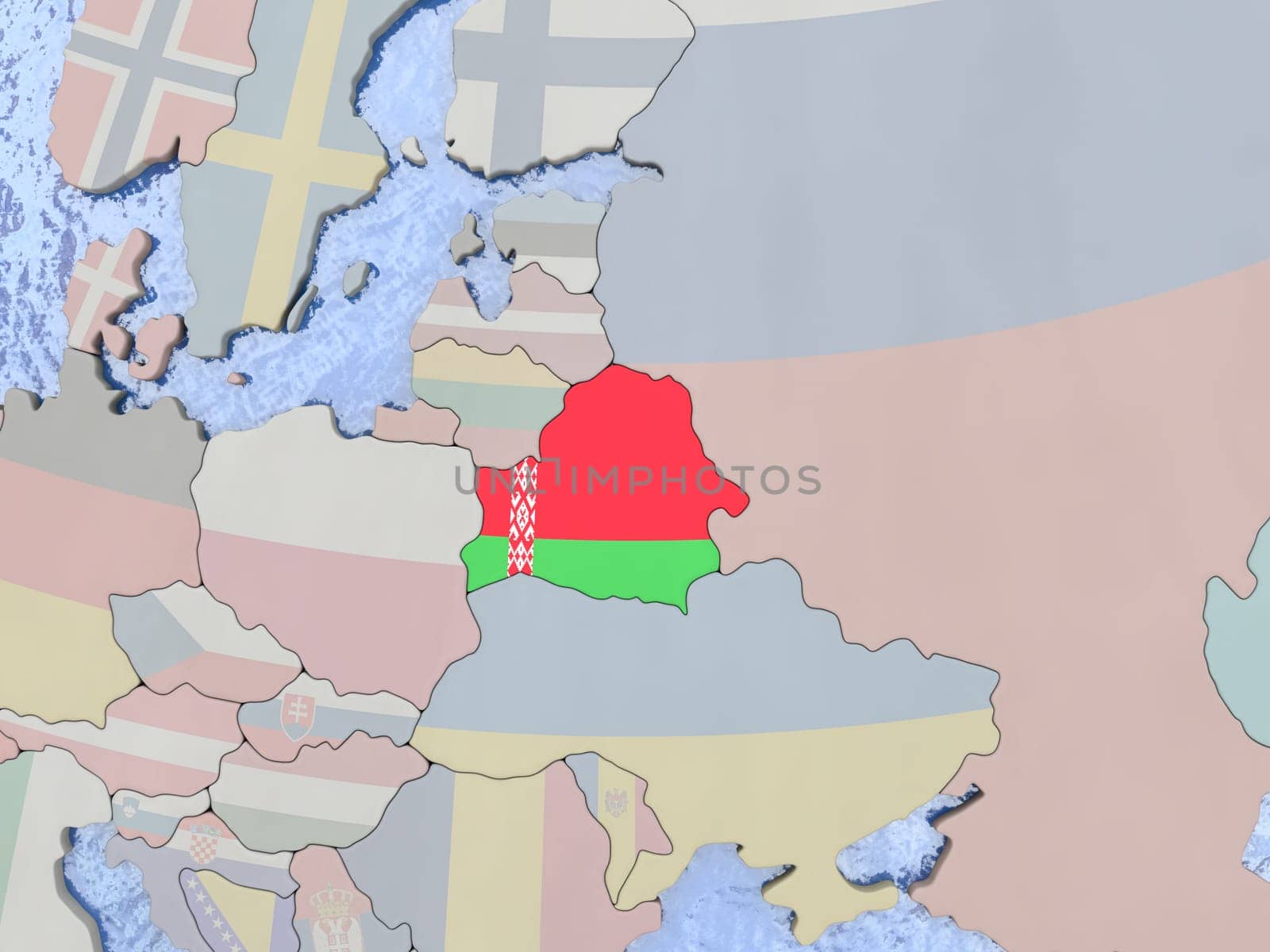 Map of Belarus with national flag on political globe with realistic water. 3D illustration