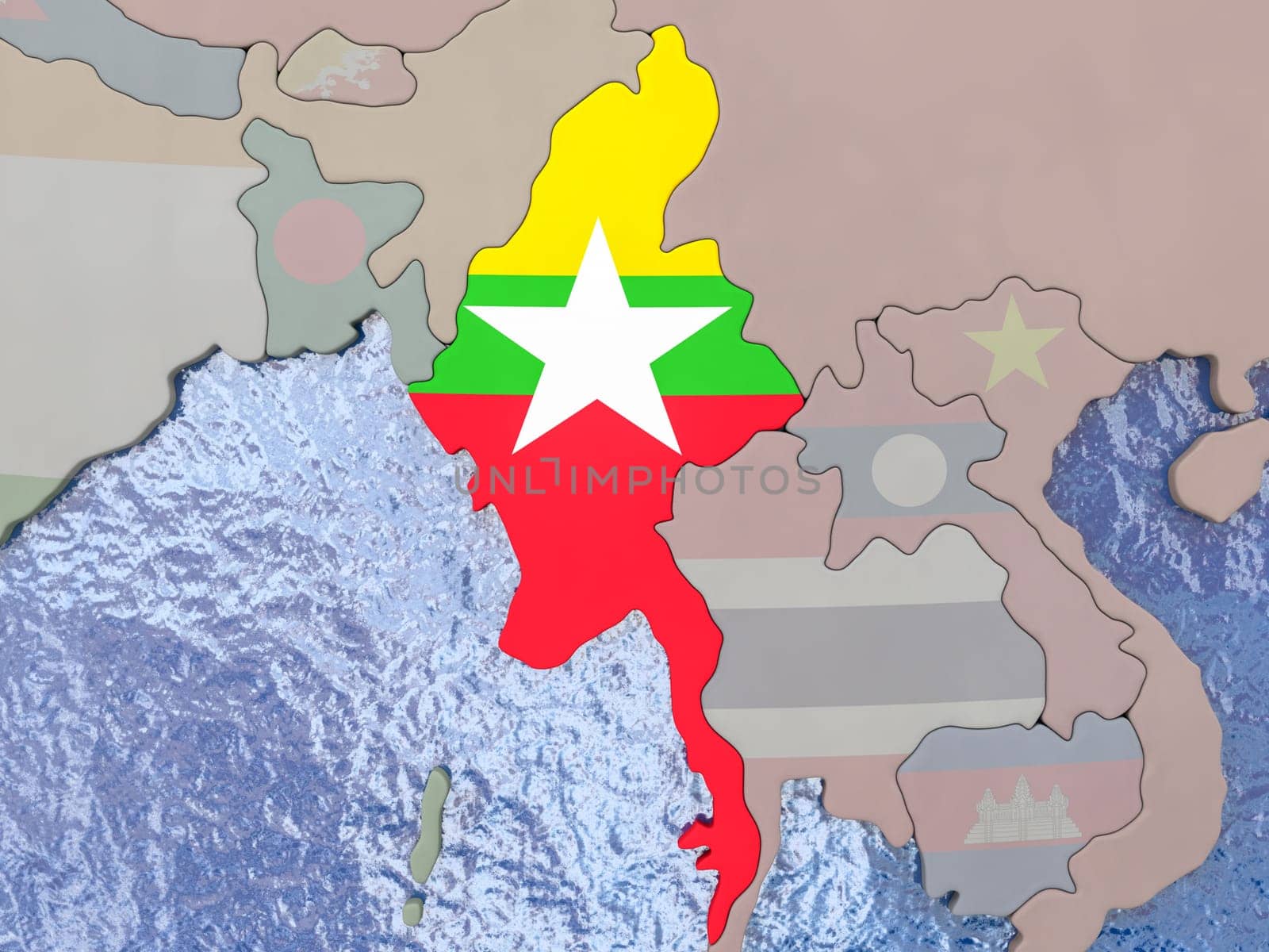 Map of Myanmar with national flag on political globe with realistic water. 3D illustration