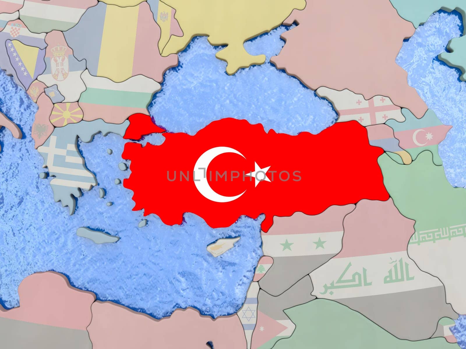 Map of Turkey with national flag on political globe with realistic water. 3D illustration