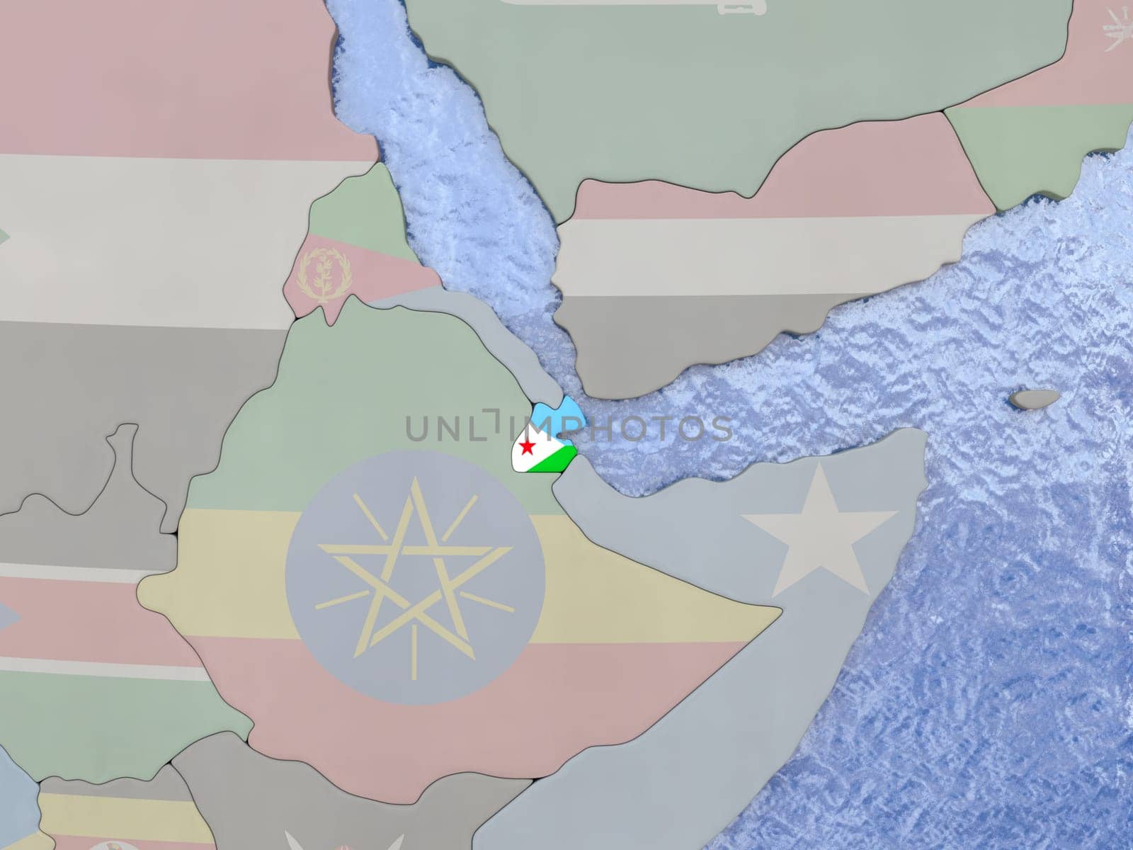 Map of Djibouti with national flag on political globe with realistic water. 3D illustration