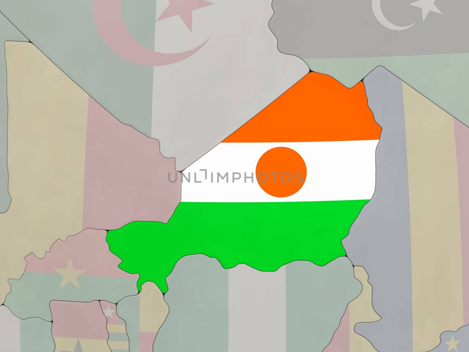 Map of Niger with national flag on political globe with realistic water. 3D illustration