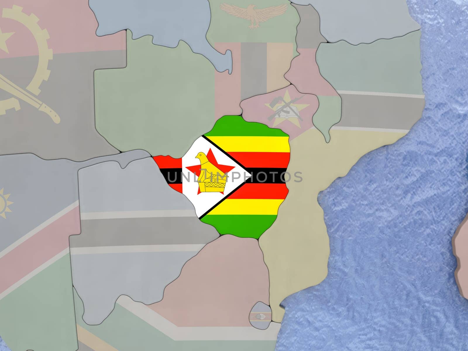 Map of Zimbabwe with national flag on political globe with realistic water. 3D illustration