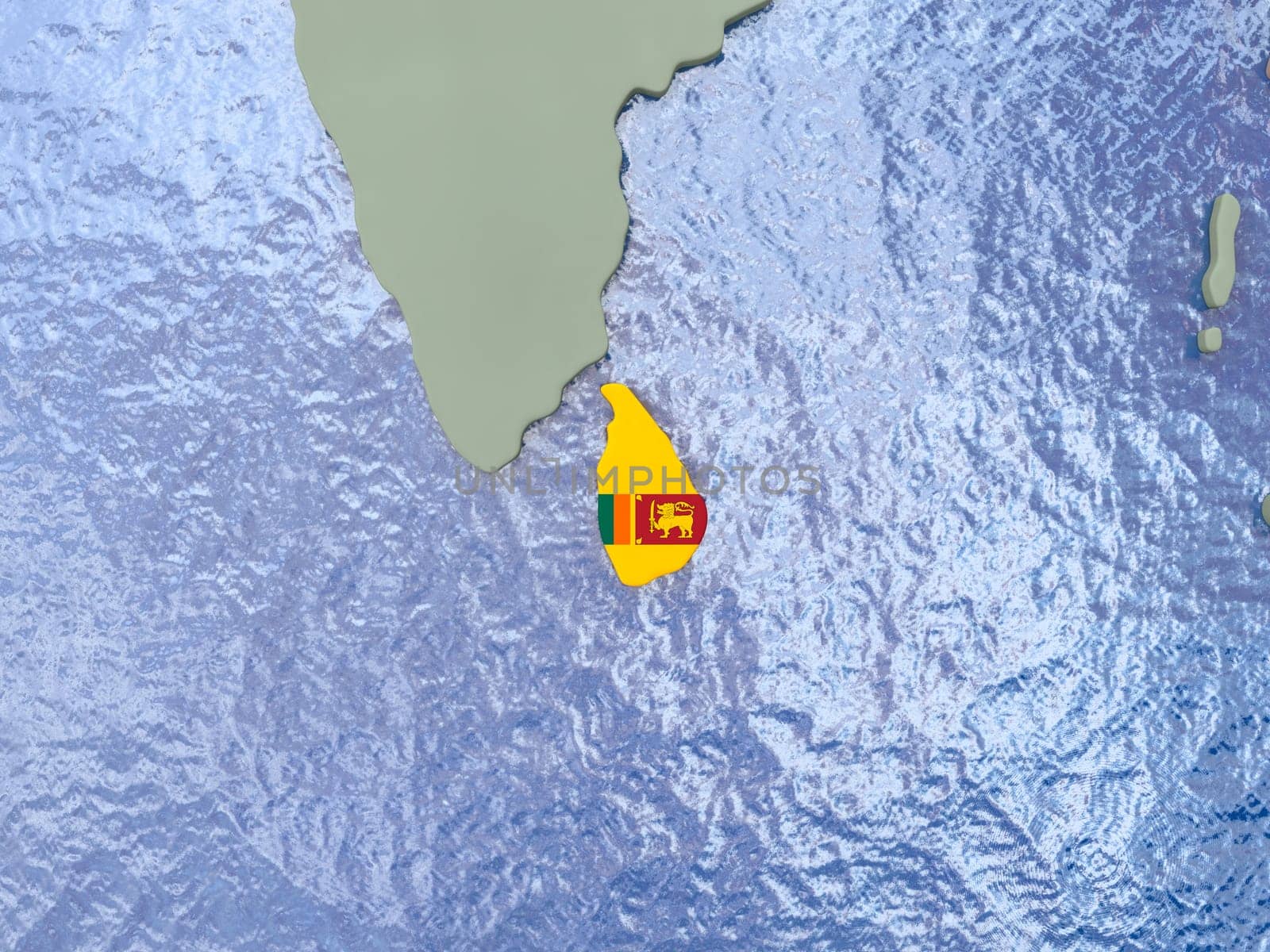 Map of Sri Lanka with national flag on political globe with realistic water. 3D illustration