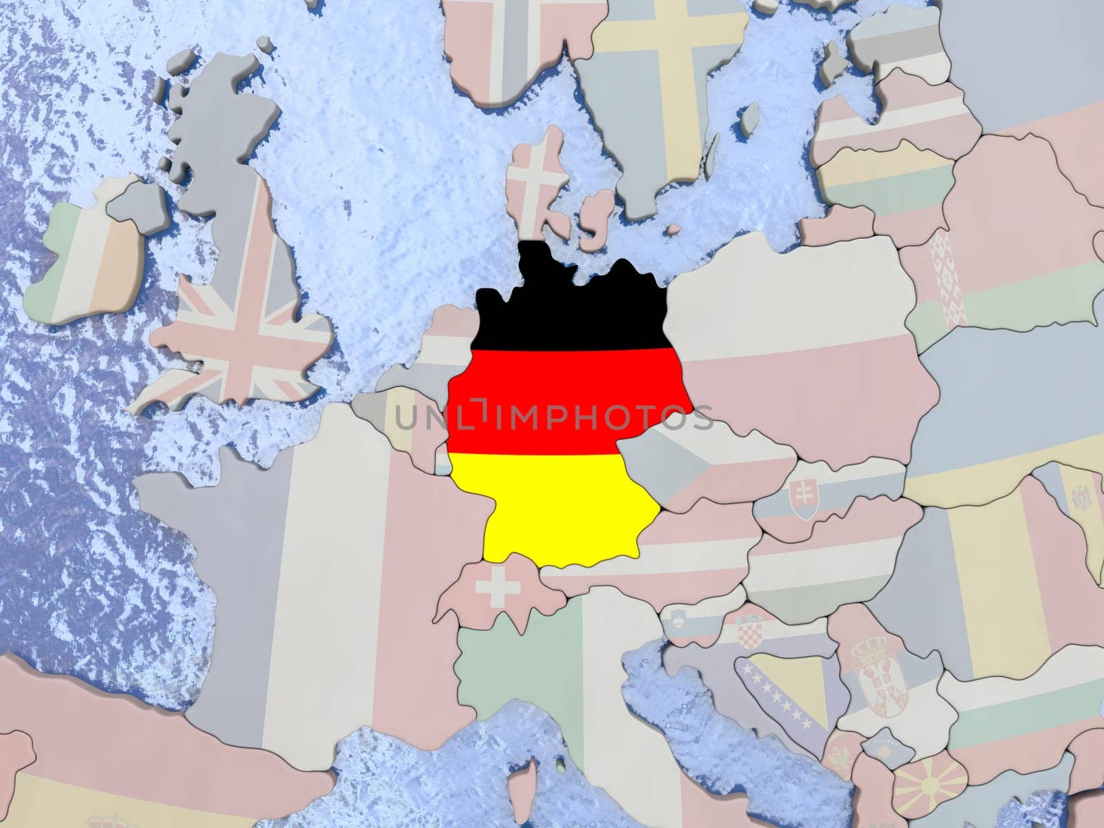 Map of Germany with national flag on political globe with realistic water. 3D illustration