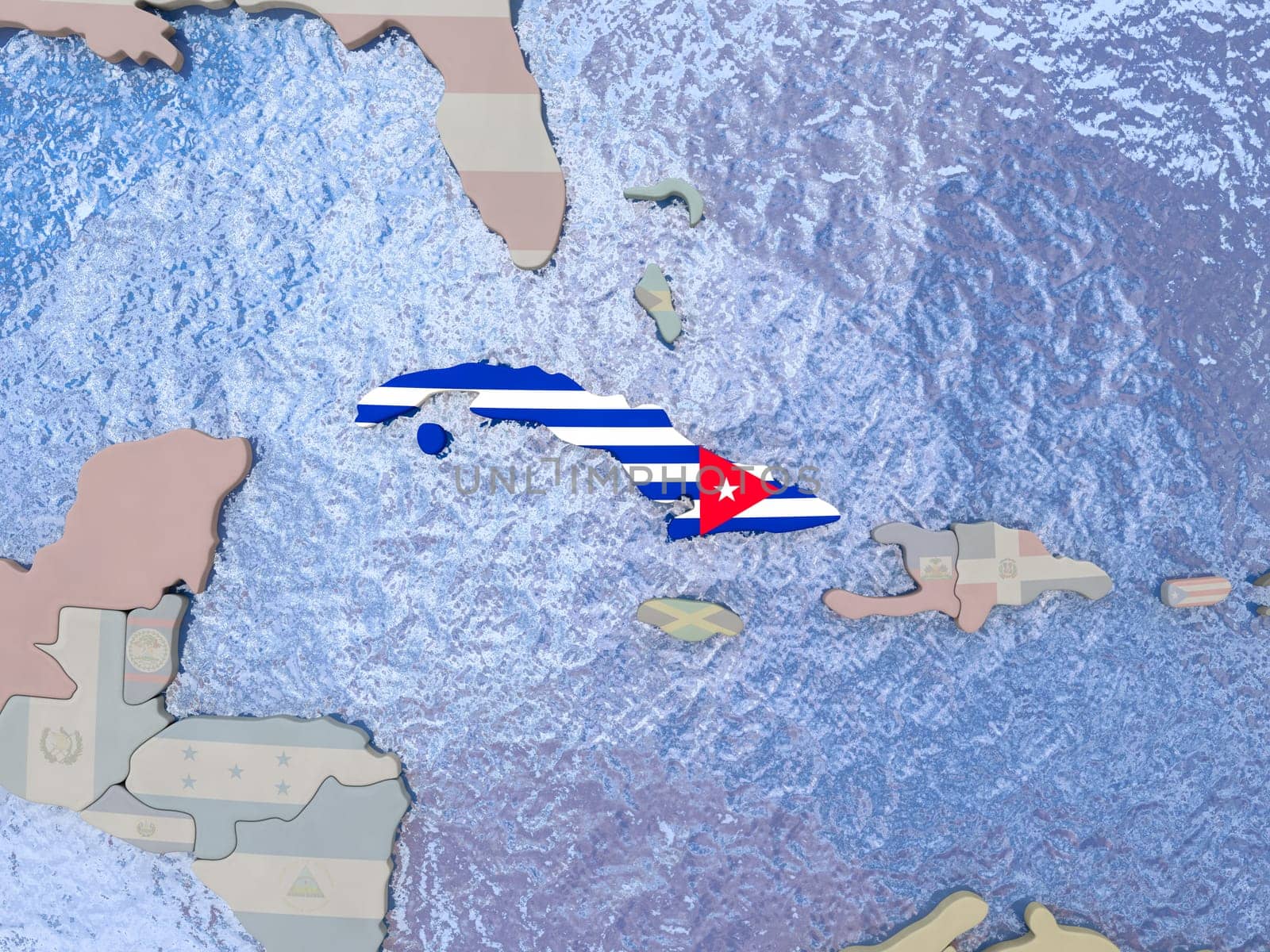 Map of Cuba with national flag on political globe with realistic water. 3D illustration