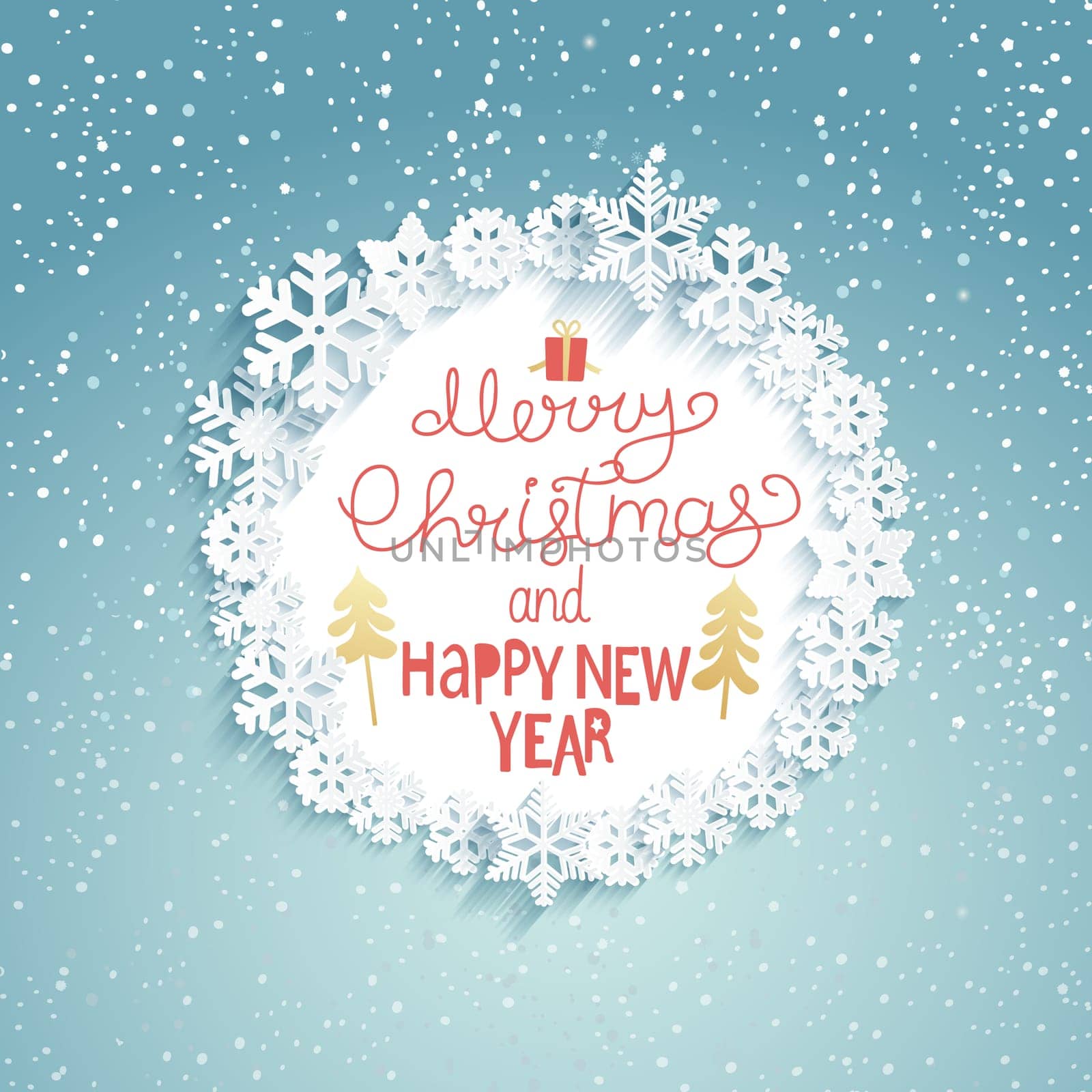 Christmas Greeting Card. Merry Christmas and happy new year lettering. Snowfall background.