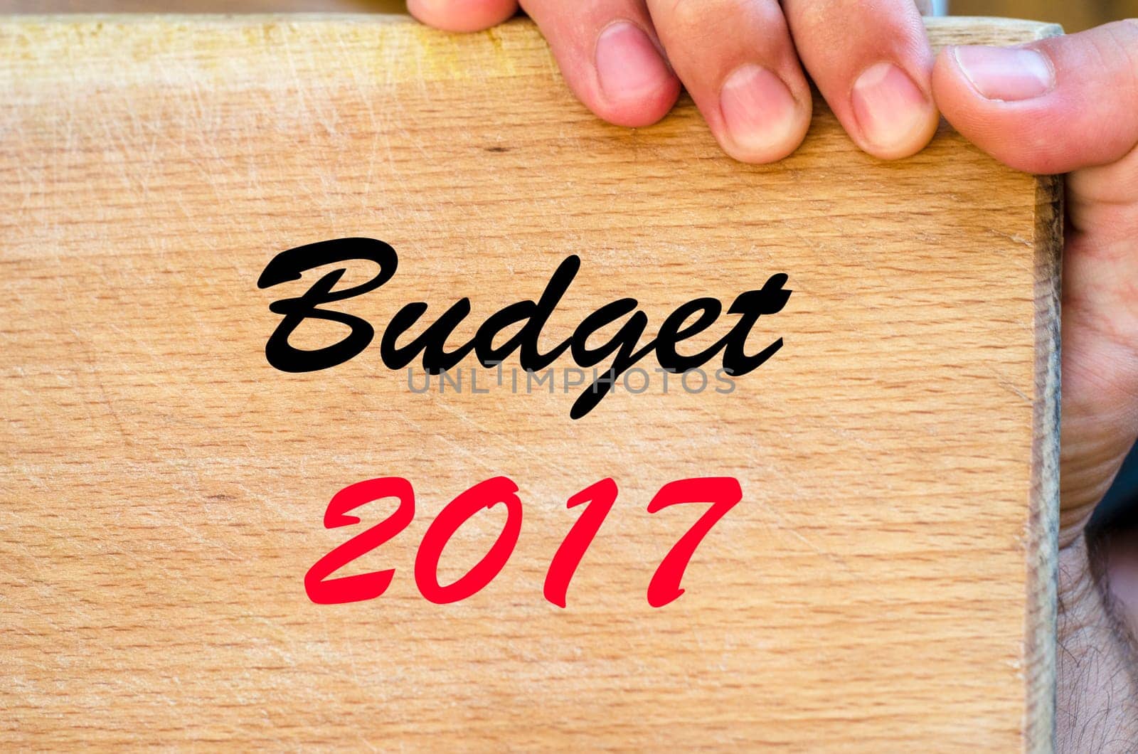 Human hand over wooden background and budget 2017 text concept
