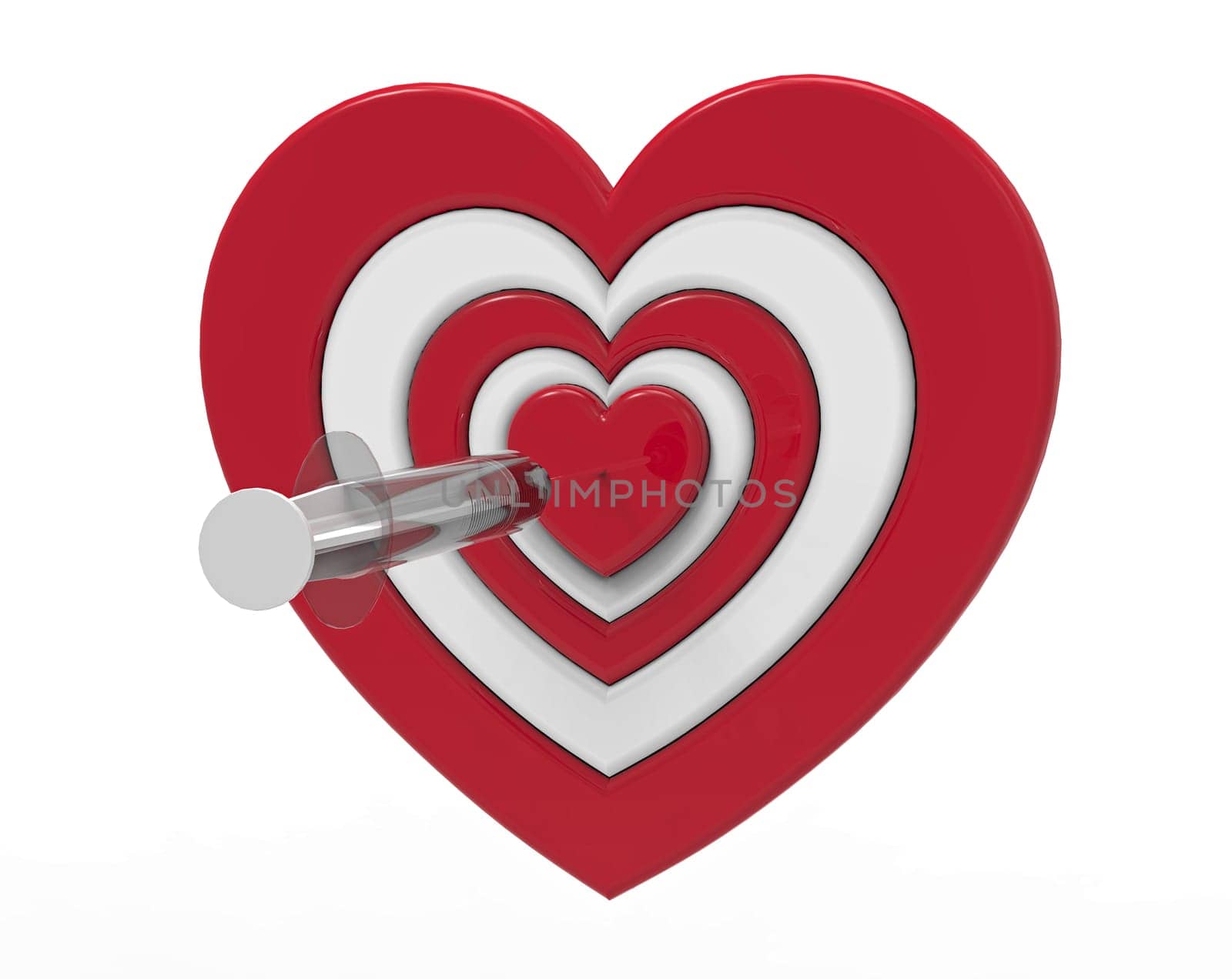 Heart shaped target and syringe, 3D rendering, on the white background