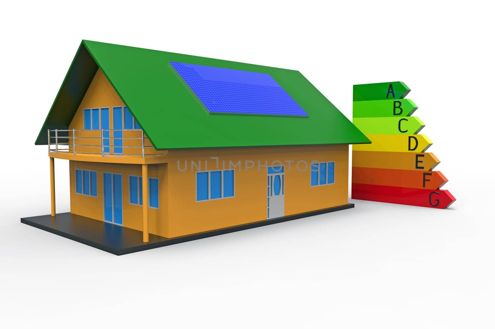 House and energy efficiency chart, 3d rendering, on the white background