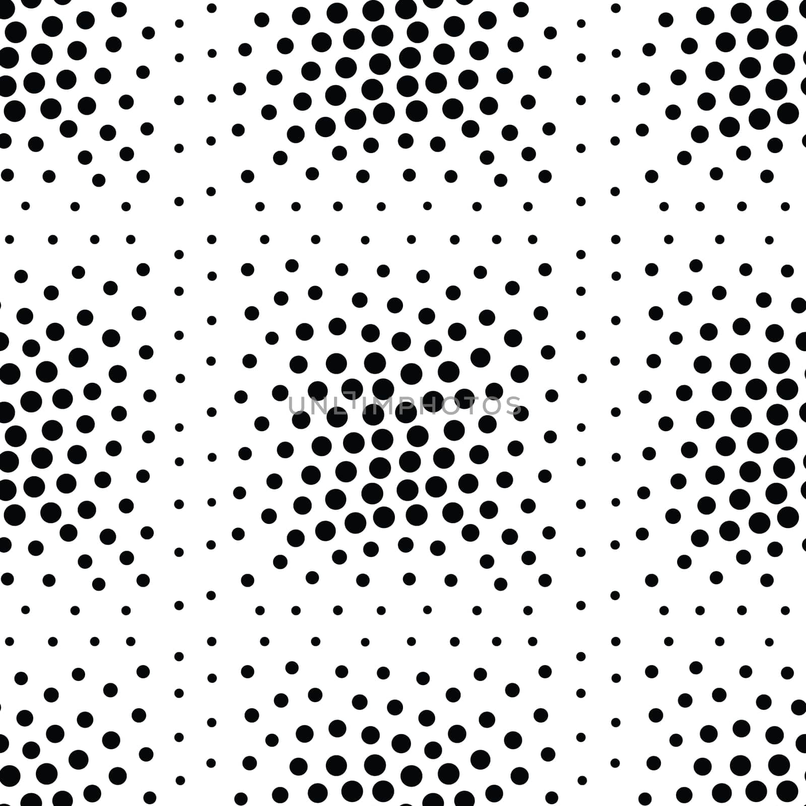 Vector geometric seamless pattern. Repeating abstract chaotic dotted gradation in black and white. Modern halftone design, pointillism, illusion