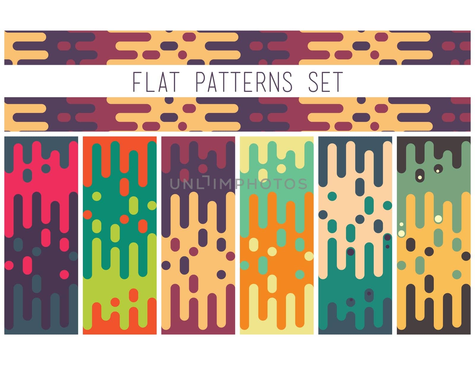 Universal colorful seamless flat pattern set. Abstract doodle geometric lines in retro memphis style, fashion 80-90s
