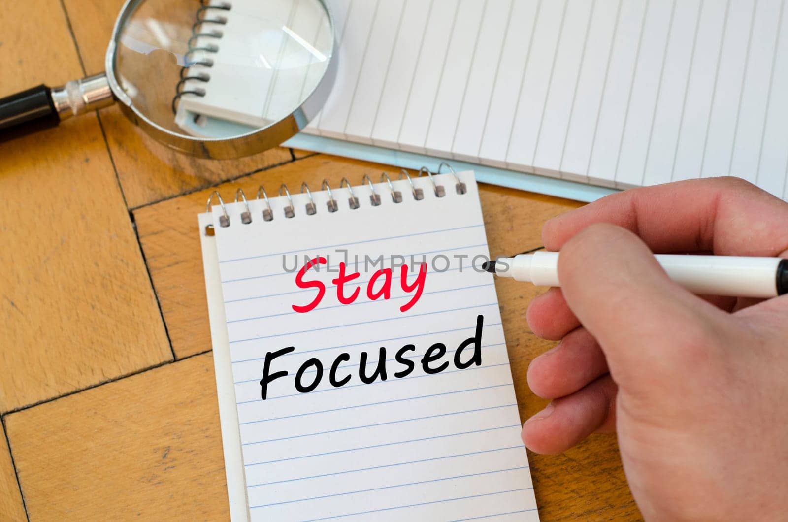 Stay focused text concept write on notebook