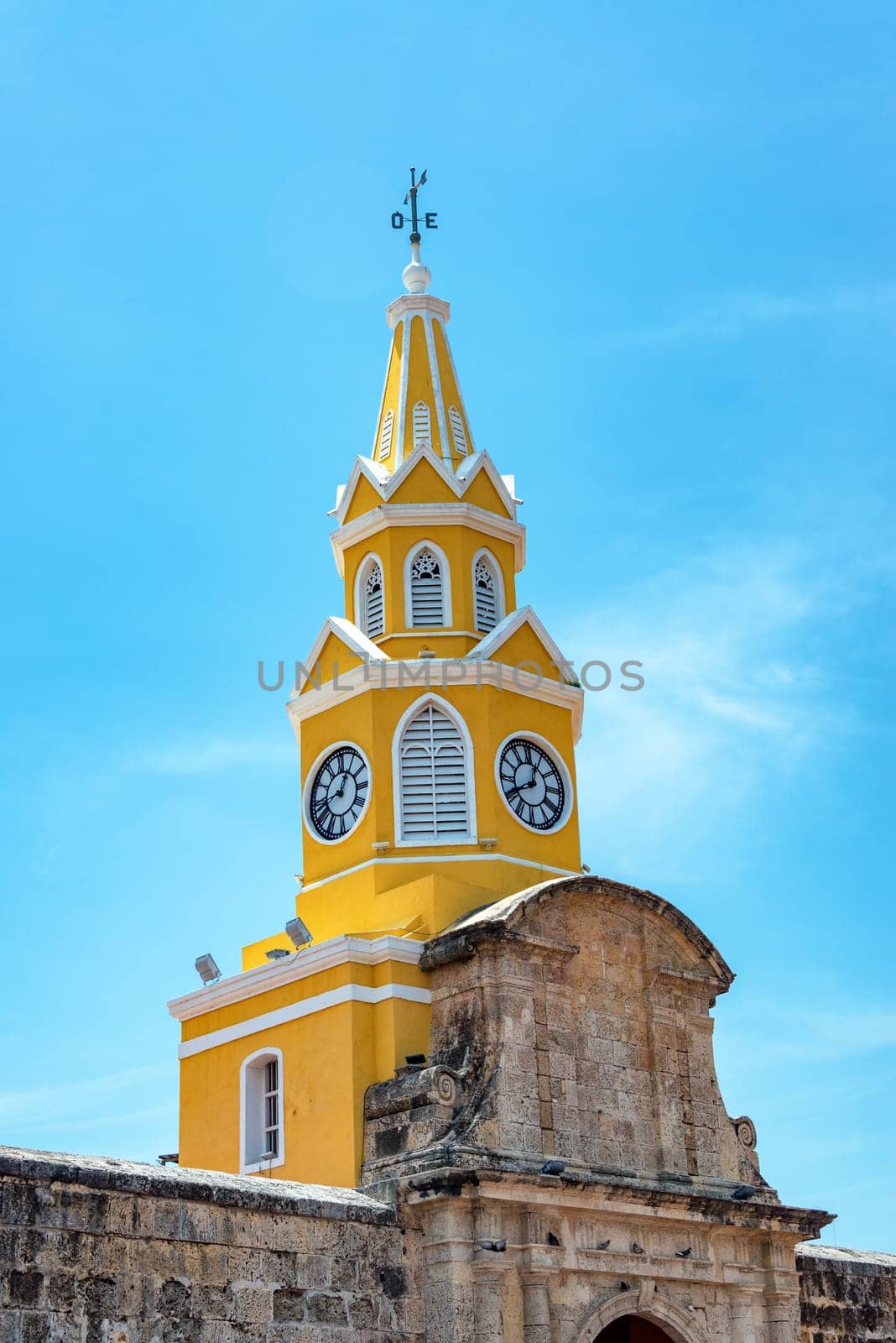 The historic clock tower gate is the main entrance to the colonial center of Cartagena, Colombia