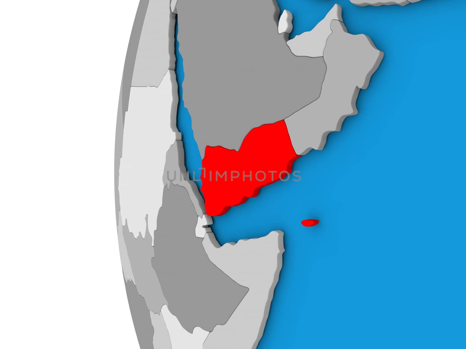 3D map of Yemen focused in red on simple globe. 3D illustration