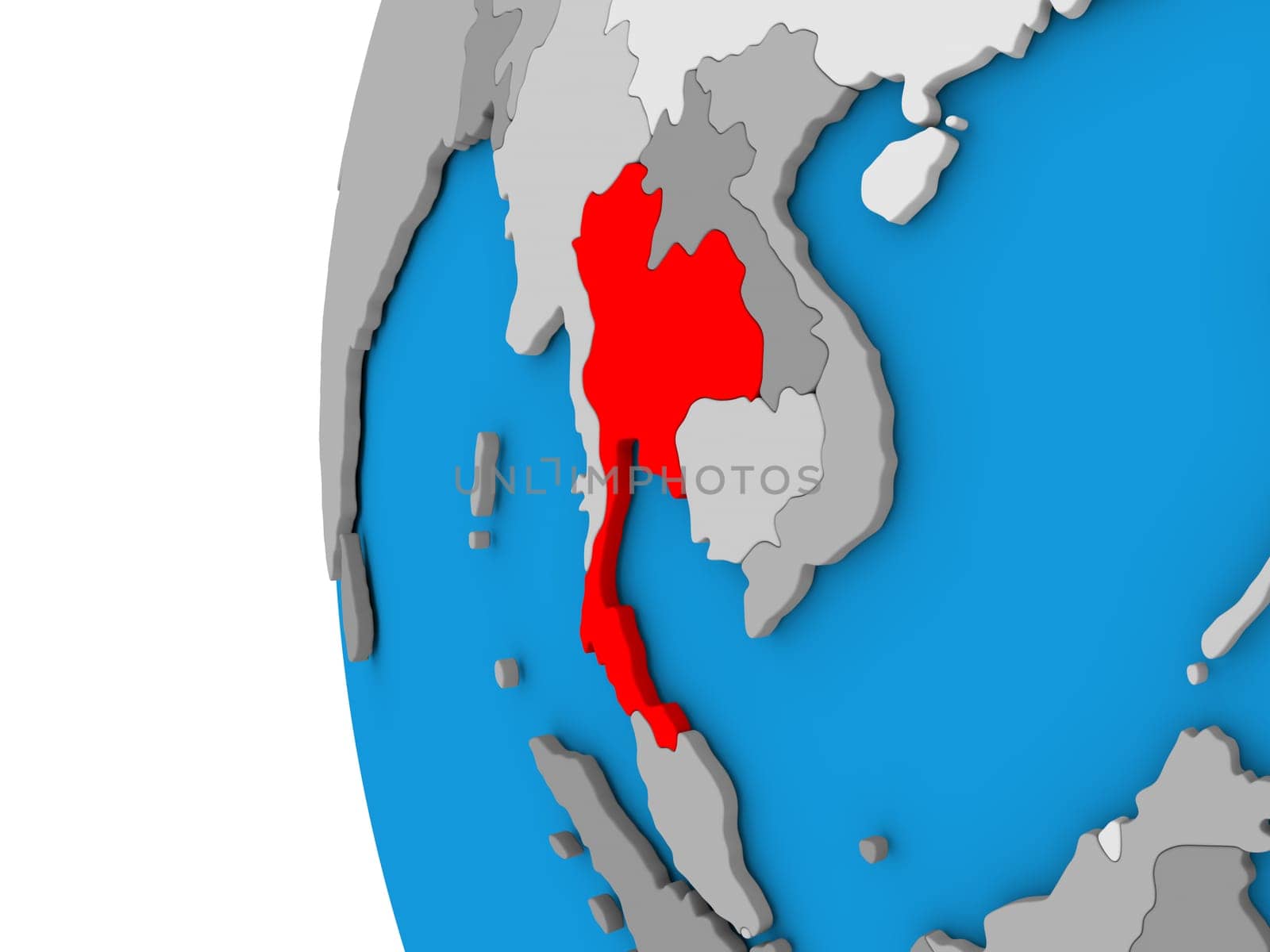 3D map of Thailand focused in red on simple globe. 3D illustration