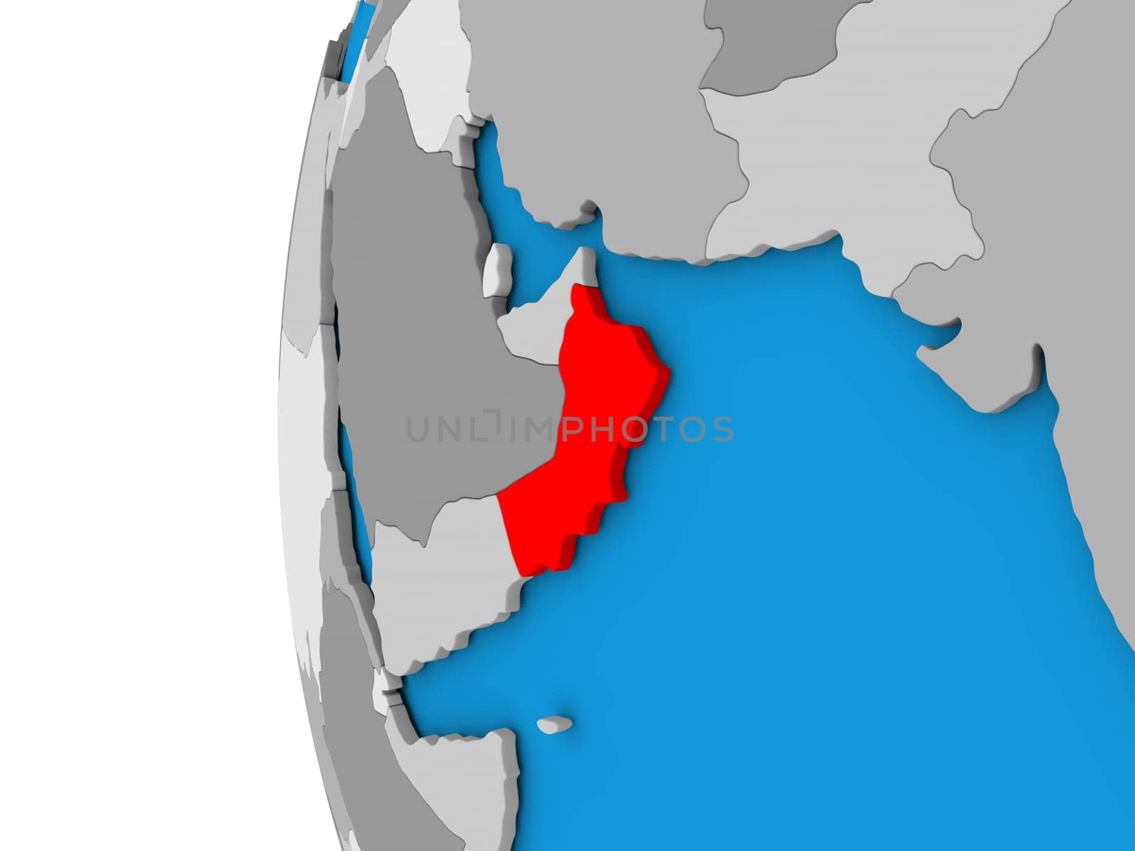 3D map of Oman focused in red on simple globe. 3D illustration