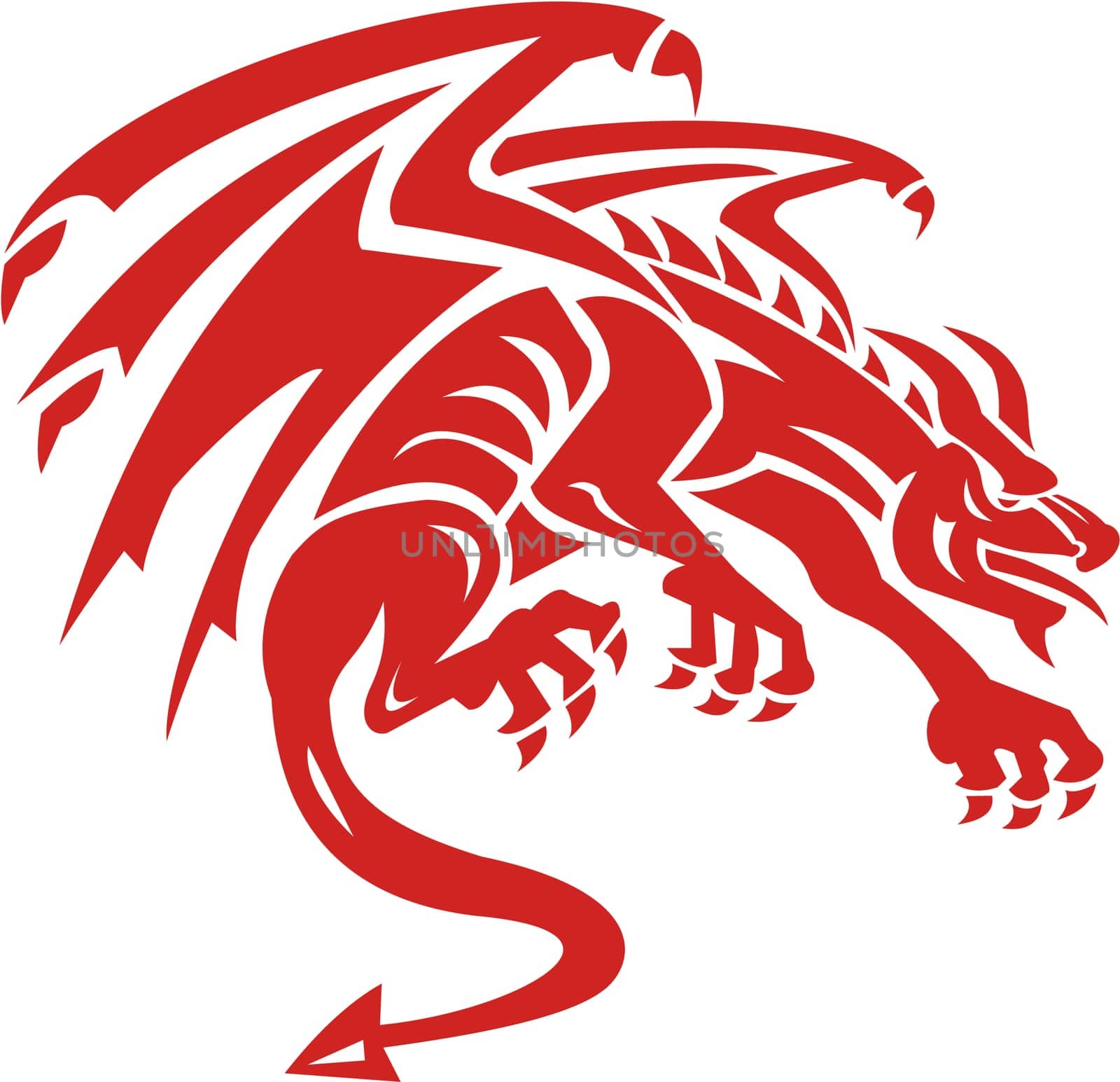 Illustration of a dragon gargoyle crouching silhouette viewed from the side set on isolated white background done in retro style.
