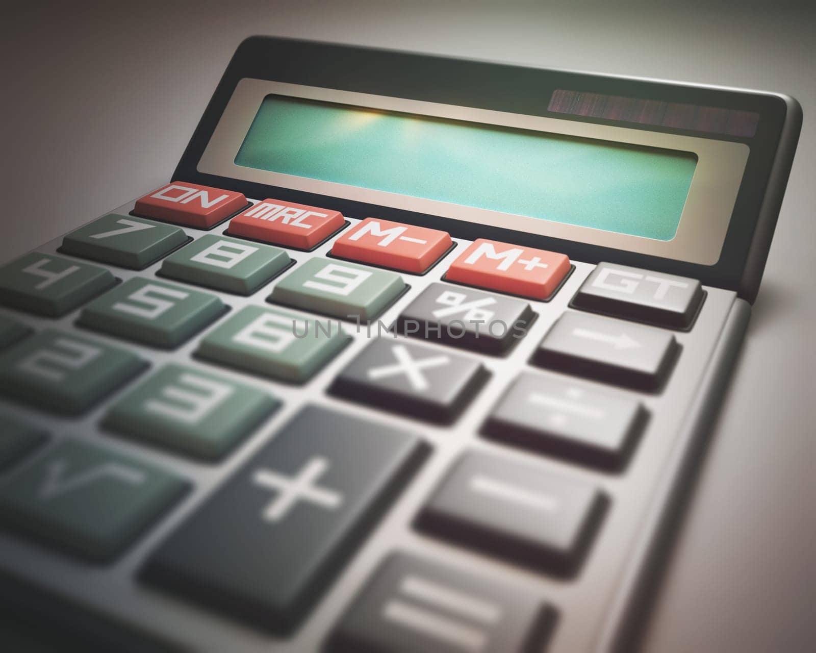 Solar calculator with digital display blank. Your text or number on display.