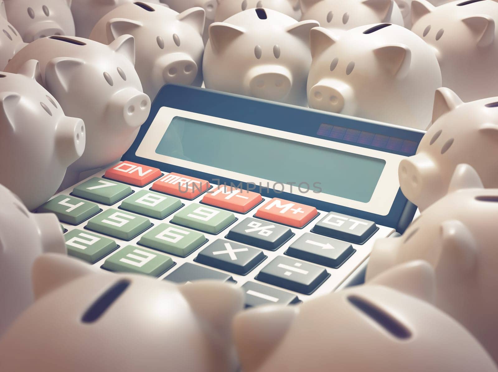 Solar calculator amid several piggy banks. 3D illustration, business and finance concept. Your text on the display.
