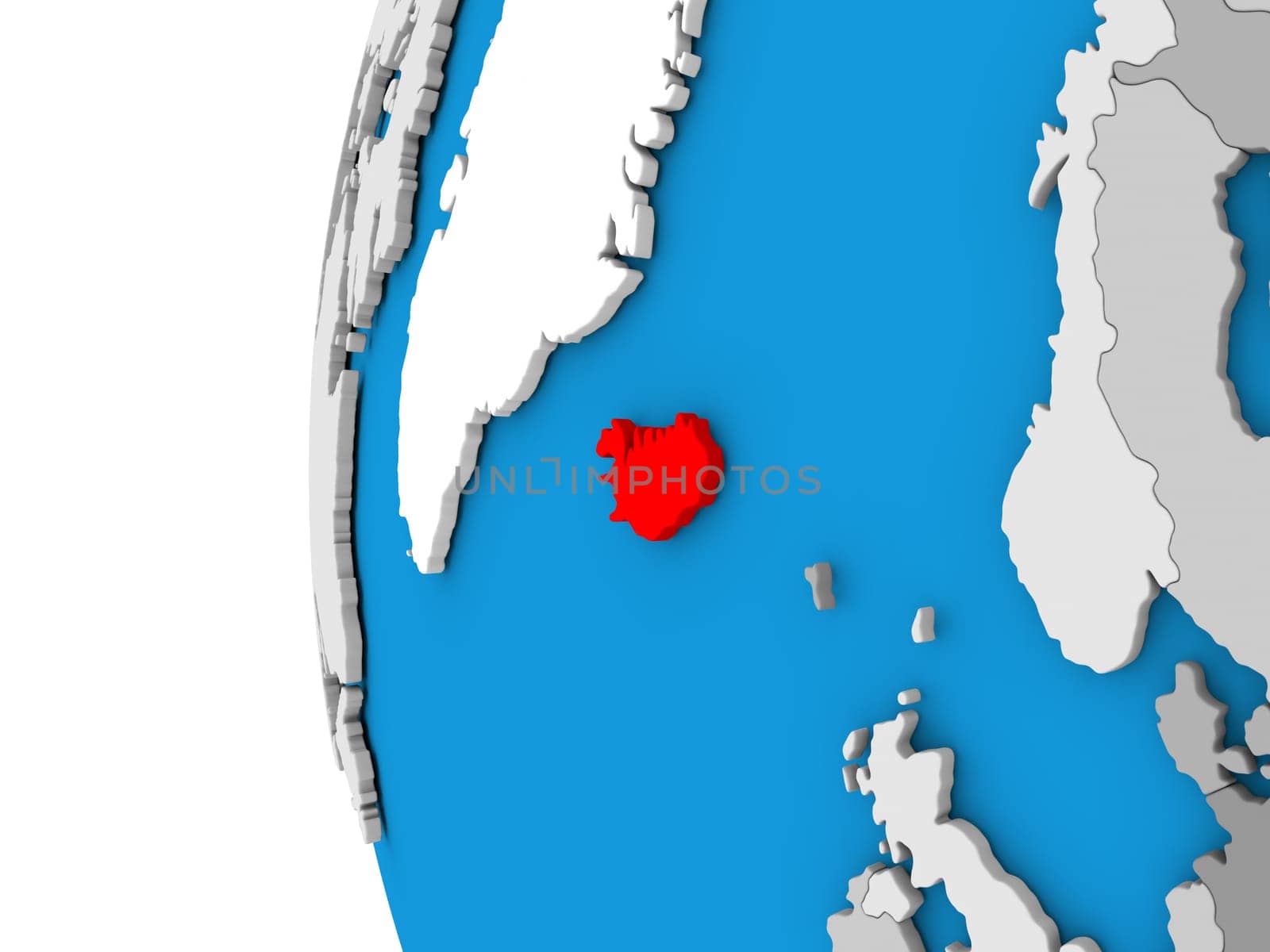 3D map of Iceland focused in red on simple globe. 3D illustration